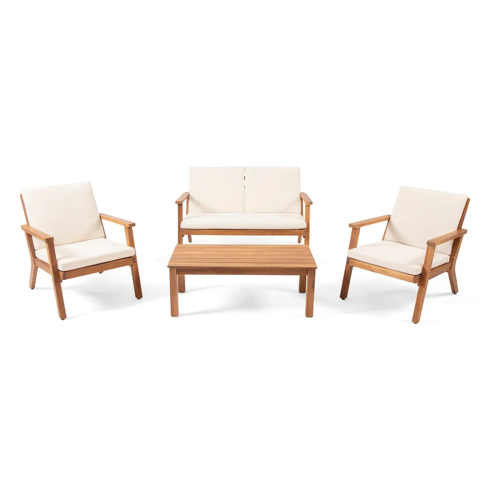 Acacia wood outdoor furniture set with cream cushions two chairs and loveseat