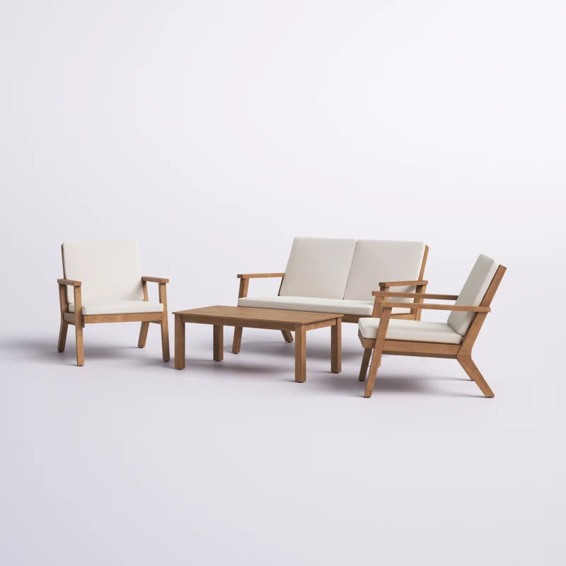 Modern wooden outdoor furniture set with white cushions includes sofa and chairs