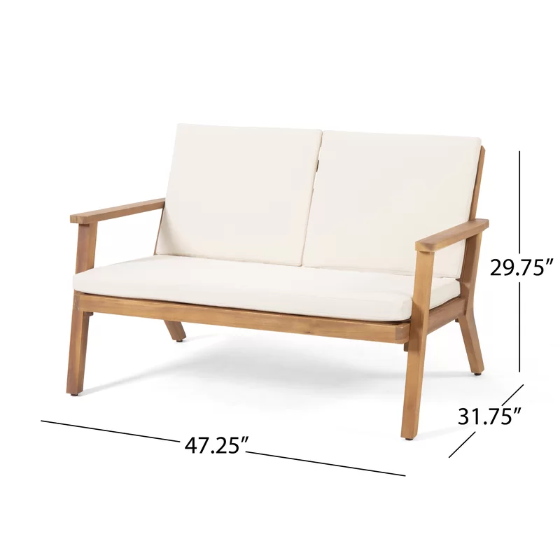 Wooden loveseat with offwhite cushions perfect for patio seating