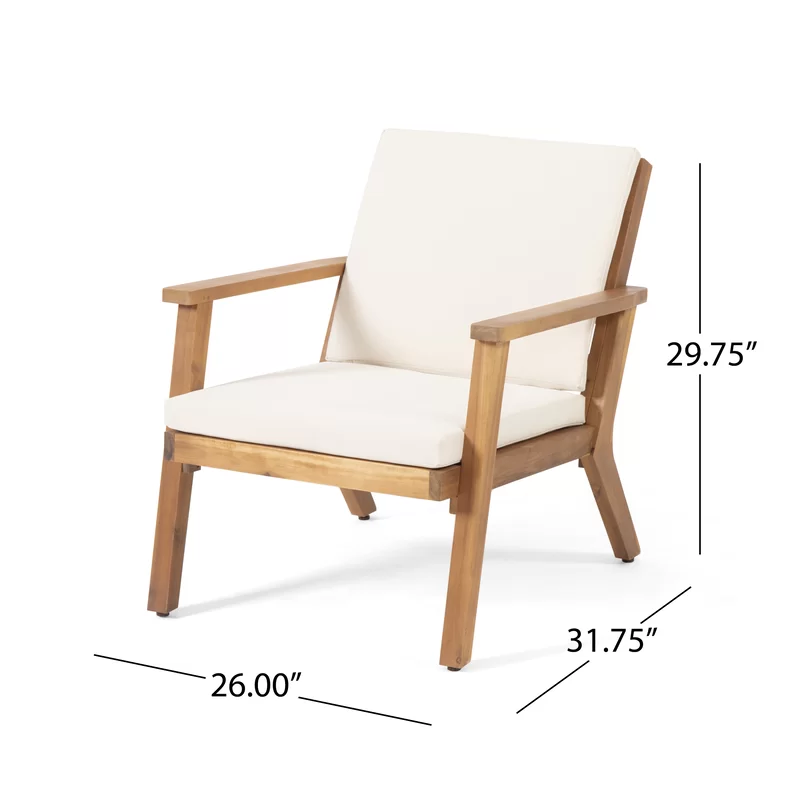 Modern wooden armchair with ivory cushions perfect for outdoor seating