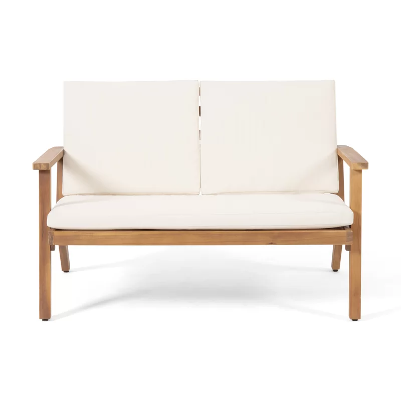 Wooden outdoor loveseat with cream cushions perfect for patio seating