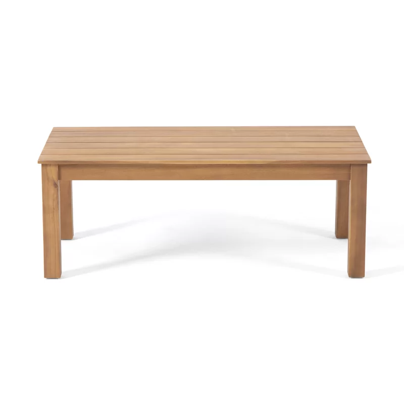 Natural wood slatted patio coffee table with clean lines and sturdy legs