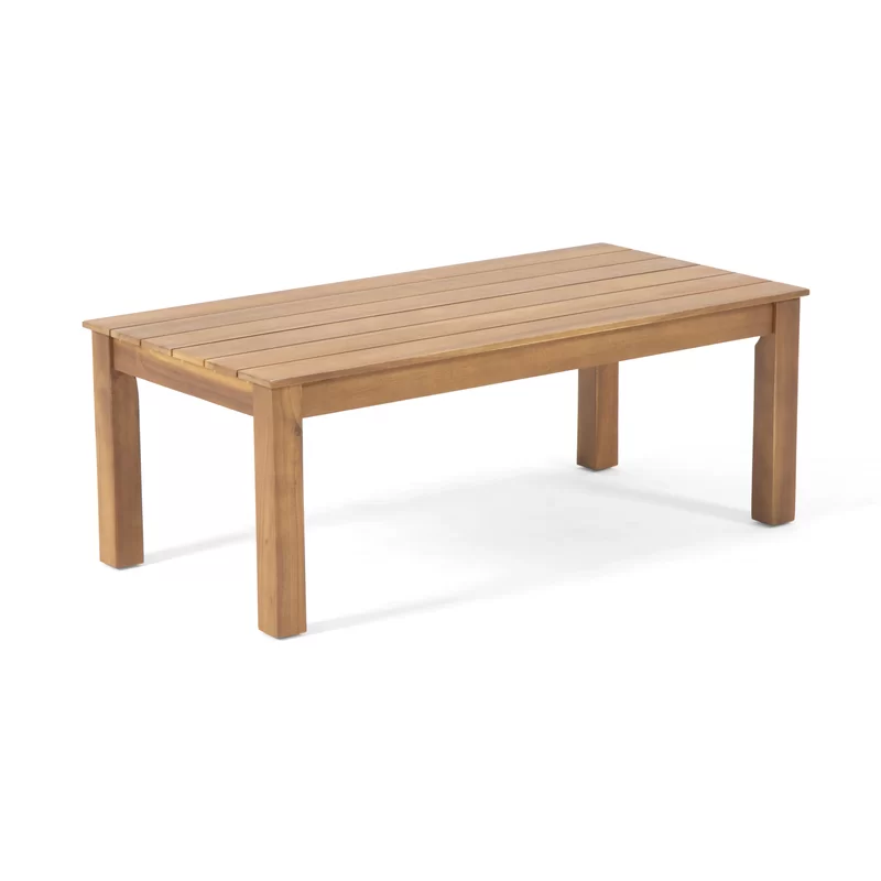 Wooden slatted coffee table with clean lines natural wood finish perfect for outdoor patios