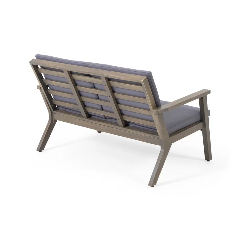 Modern grey wood patio loveseat with dark grey cushions back view