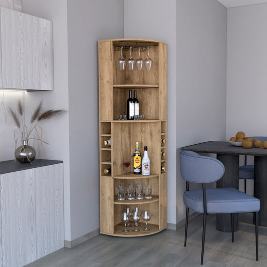 Corner wine cabinet with glass rack and bottle storage in rustic oak finish