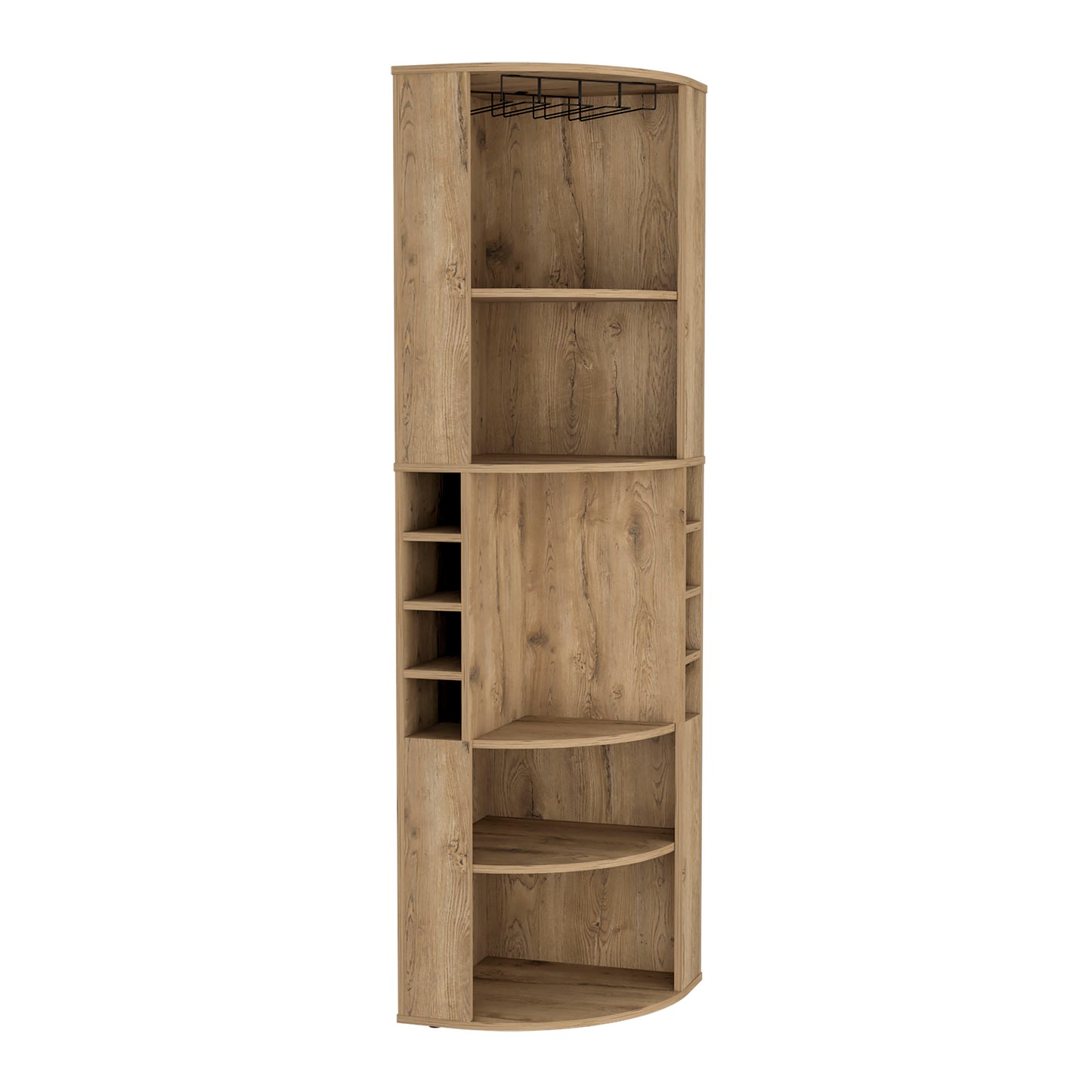 Tall corner bar cabinet with wood finish and wine glass rack