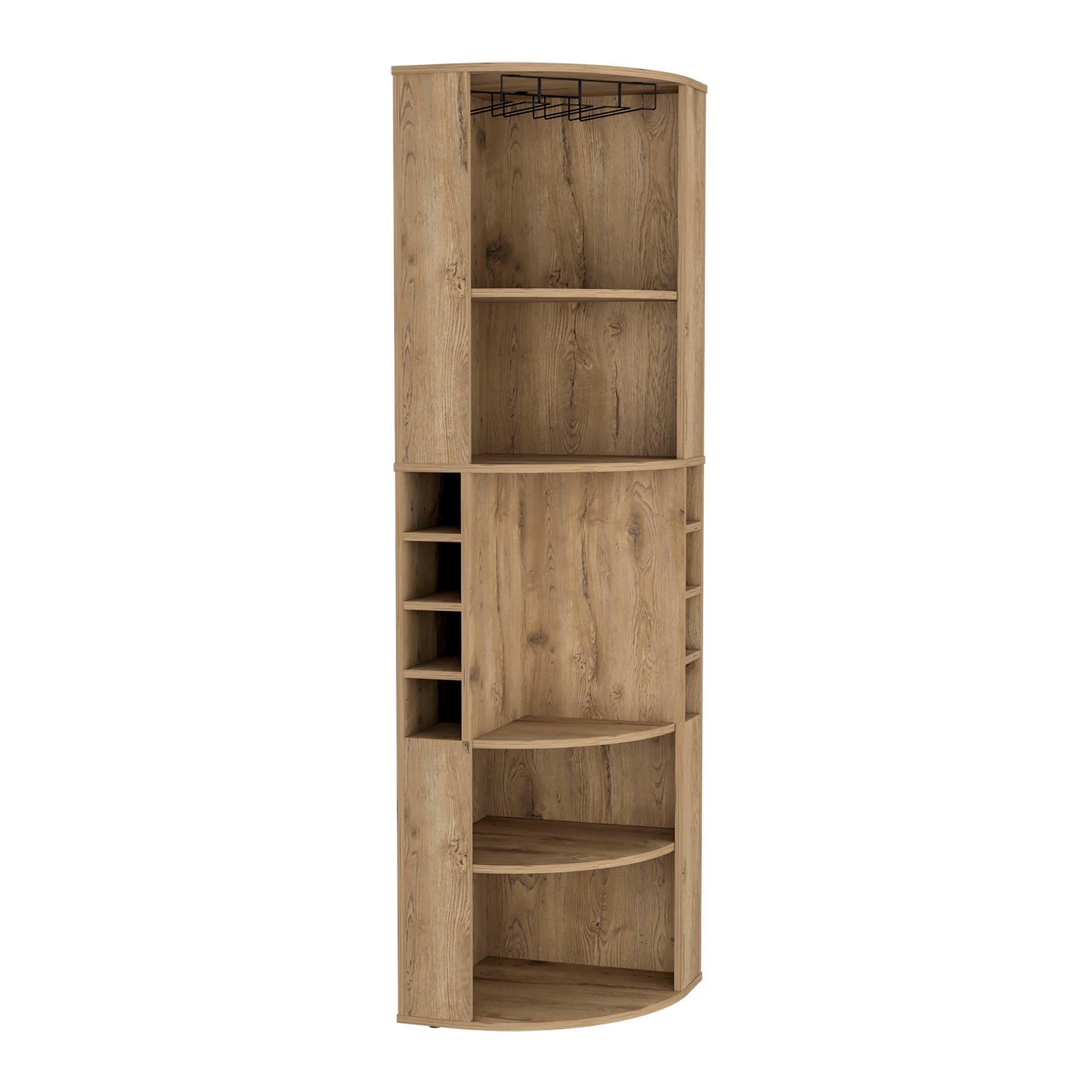 Tall corner bar cabinet with wood finish and wine glass rack