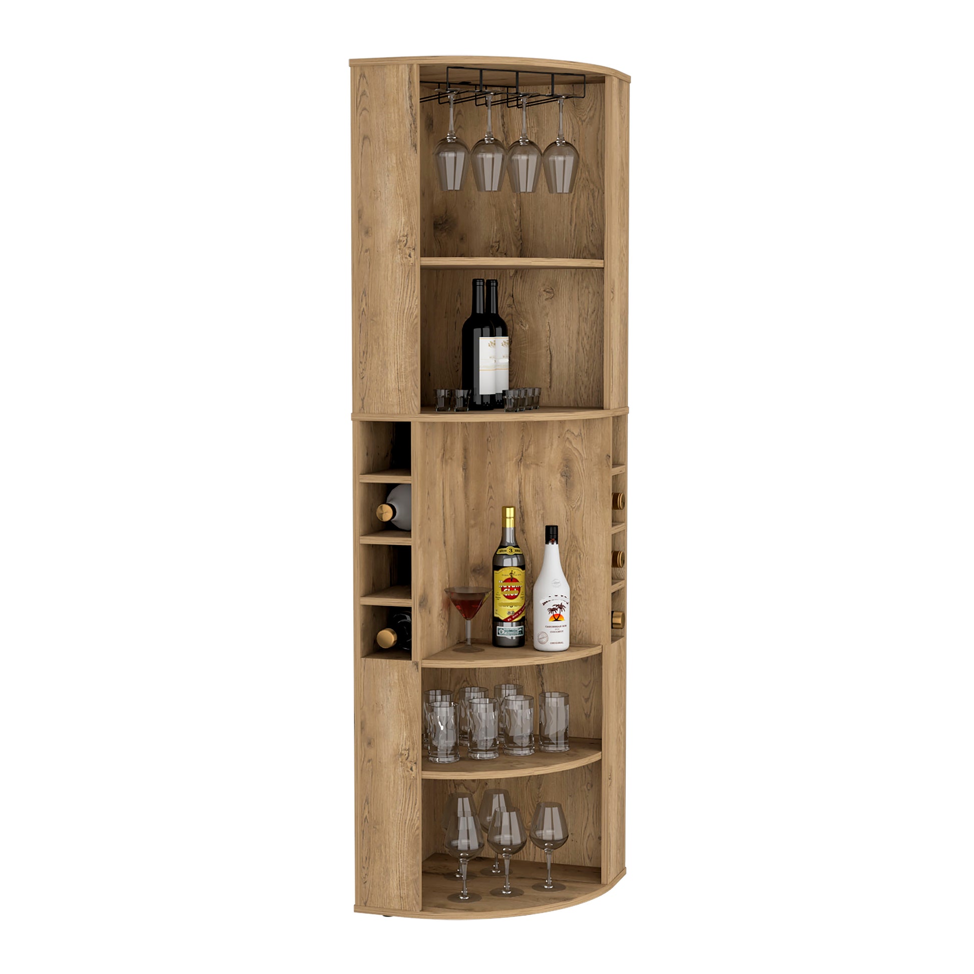 Corner bar cabinet with wine bottle storage and hanging glass rack