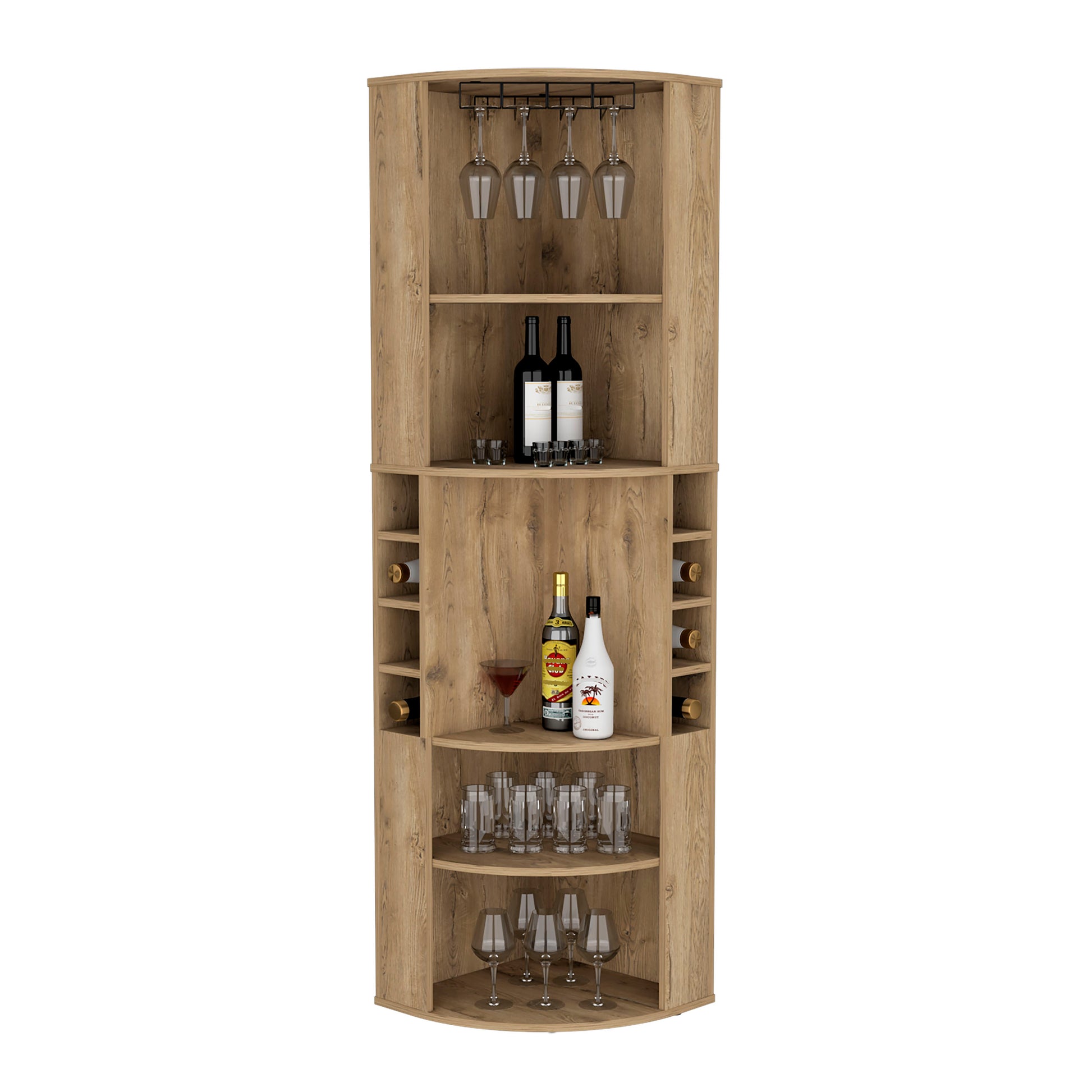 Corner bar cabinet with wine glass rack holding four stemmed glasses light wood finish