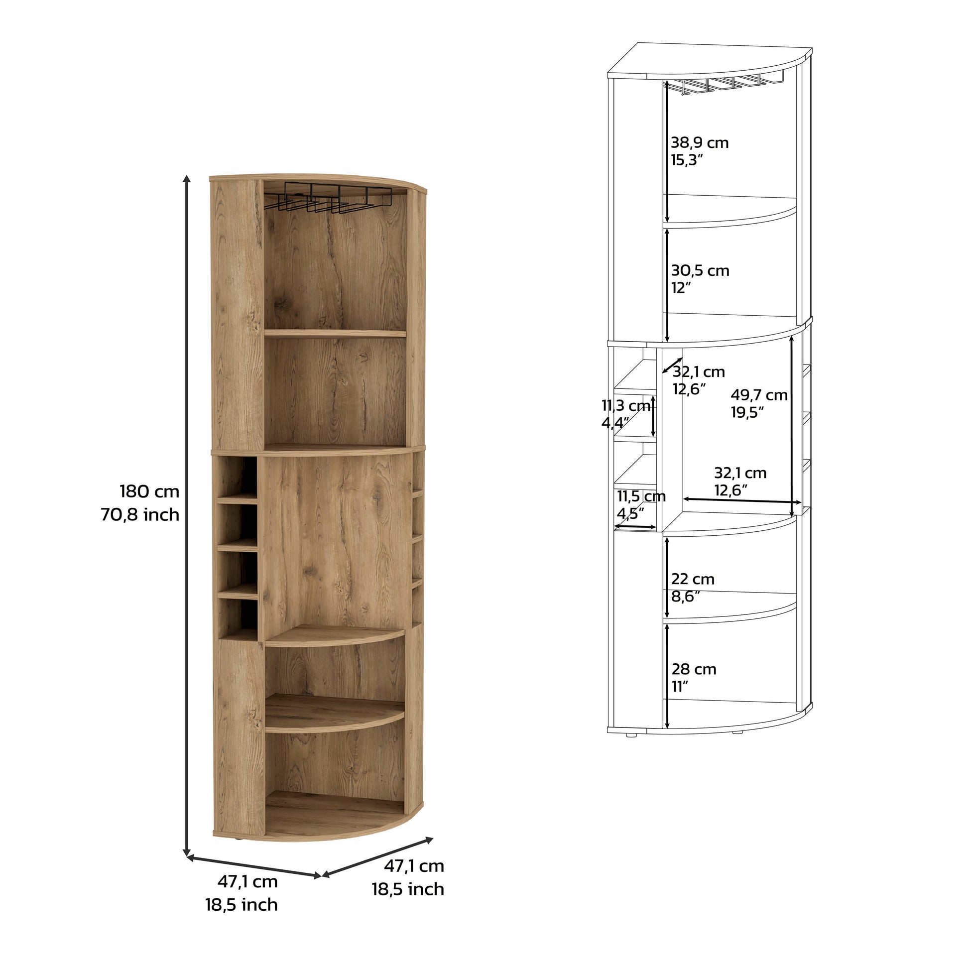 Corner bar cabinet with wine rack and glass holders rustic oak finish