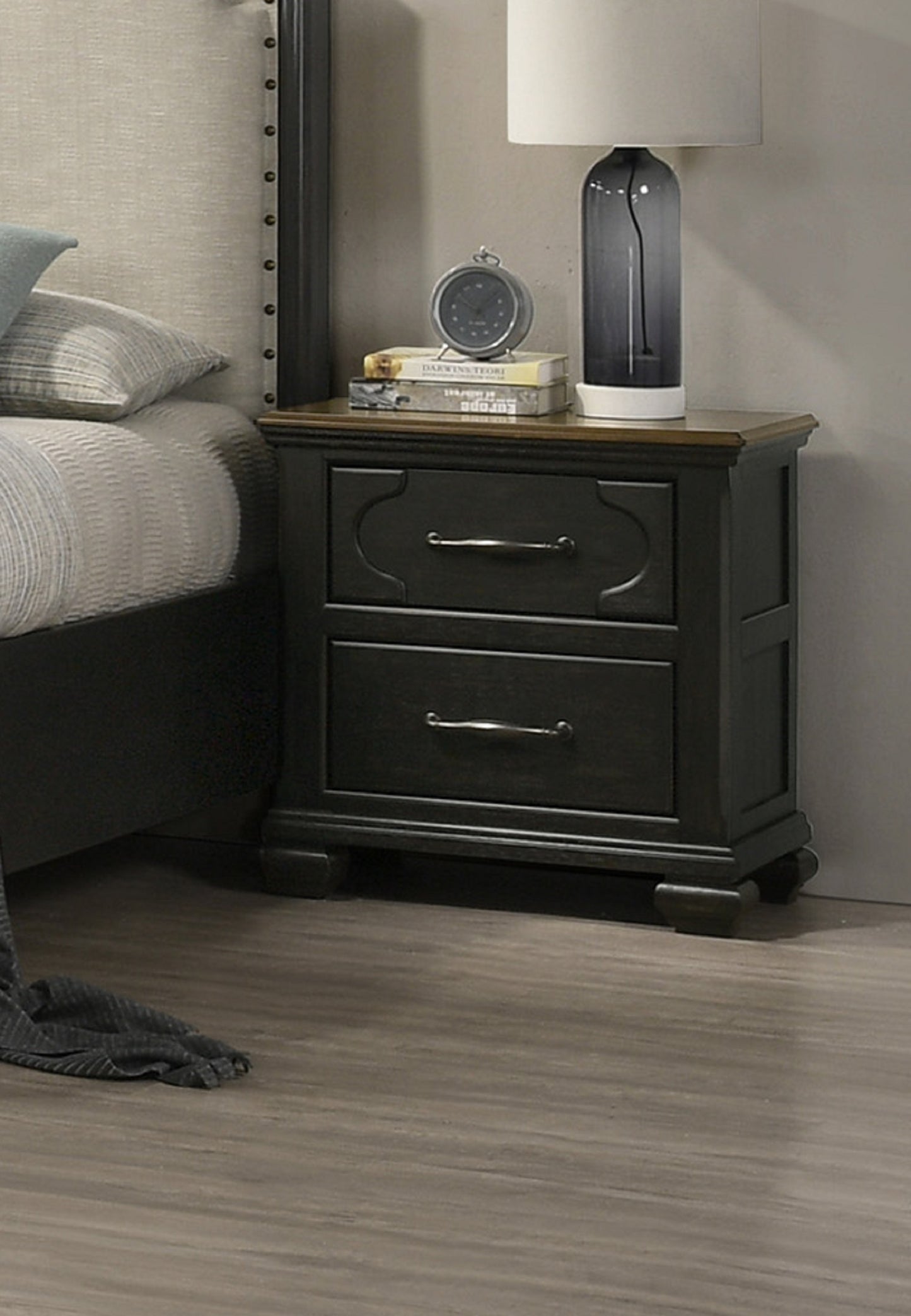 Dark grey wood twodrawer nightstand with antique brass handles Perfect bedside table