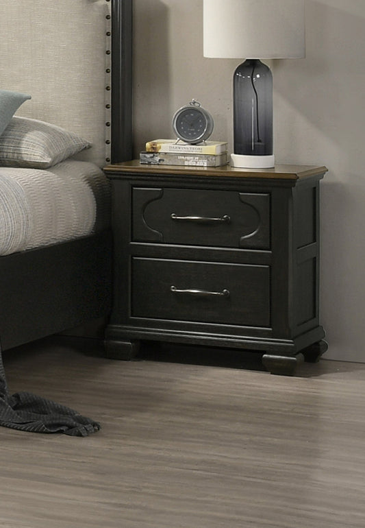Dark grey wood twodrawer nightstand with antique brass handles Perfect bedside table
