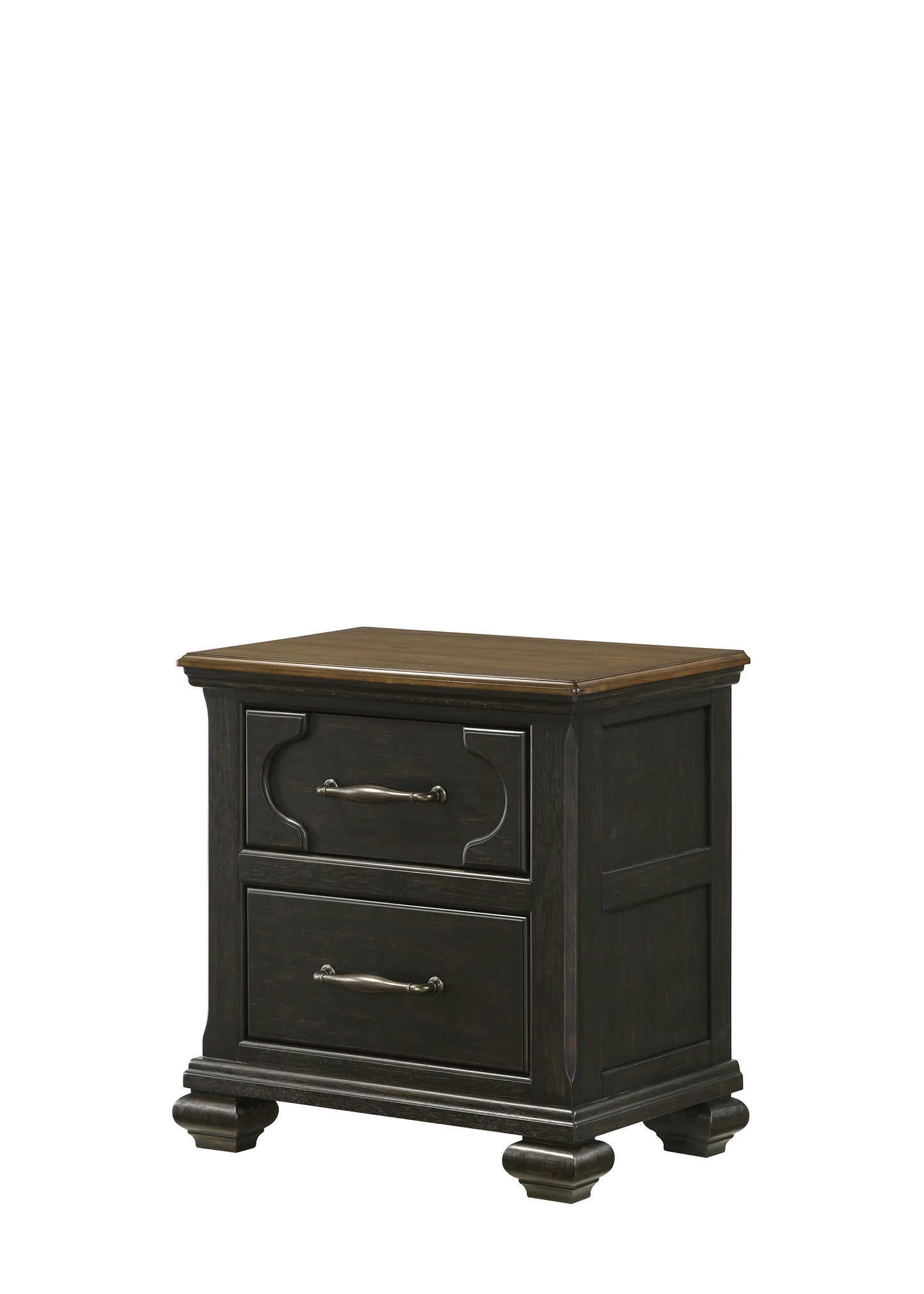Dark wood twodrawer nightstand with antique brass pull hardware and carved details