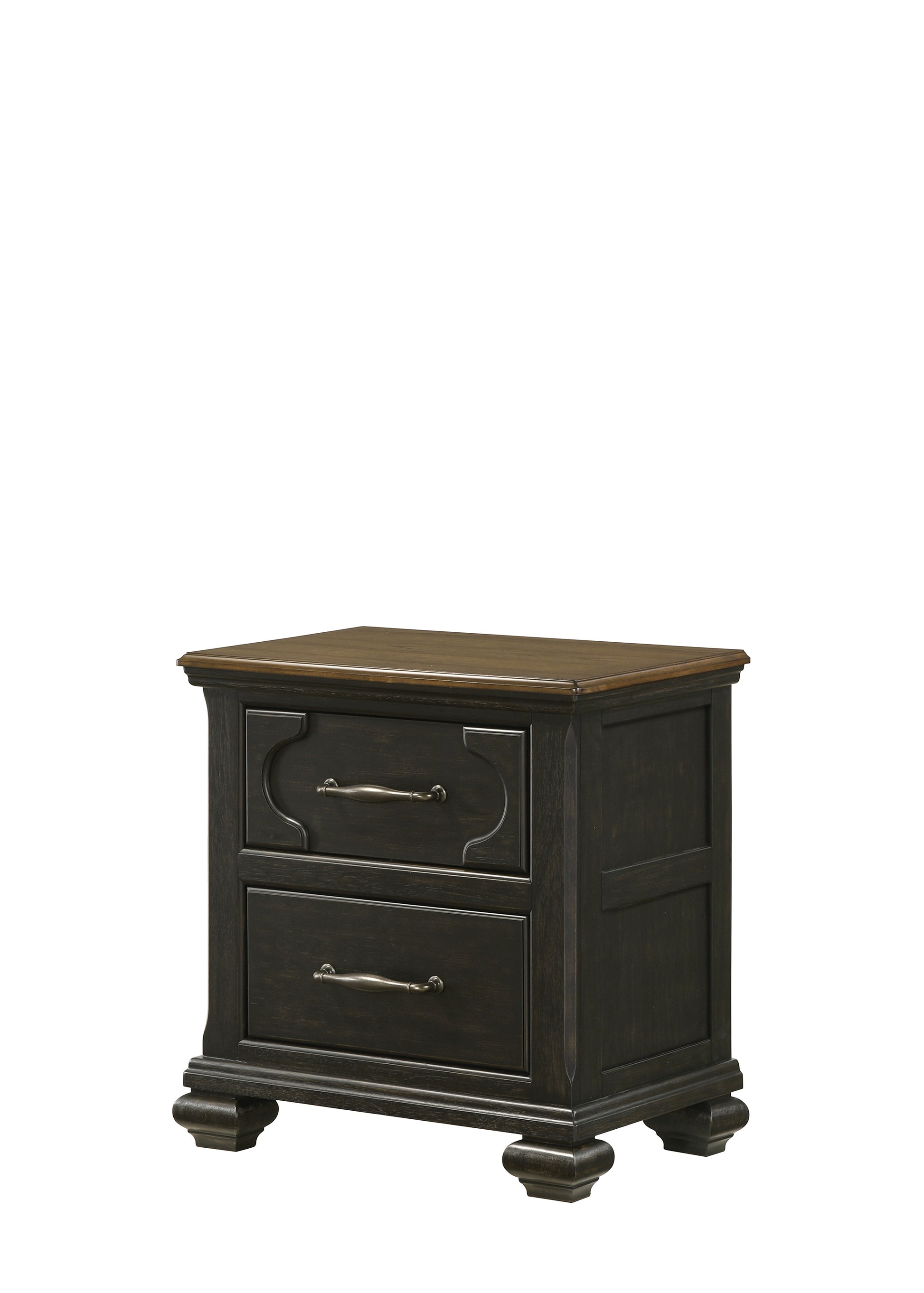 Dark wood twodrawer nightstand with antique brass pull hardware and carved details