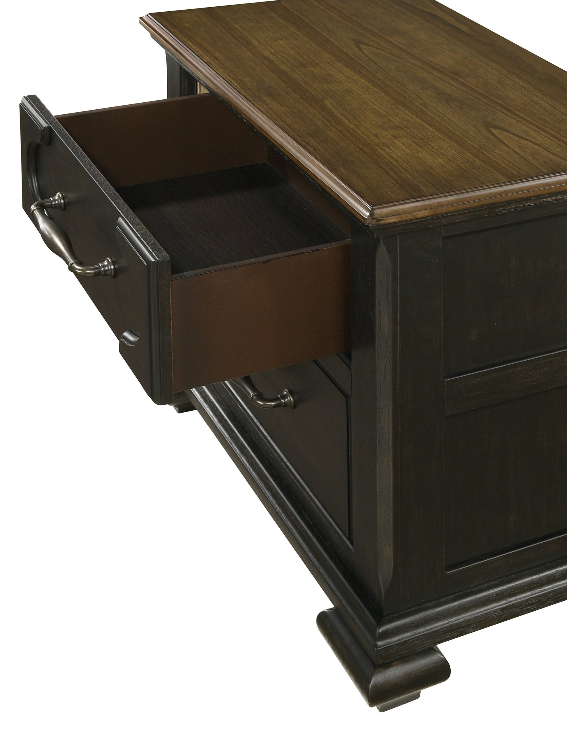 Dark wood coffee table with one open drawer and antiqued hardware detail