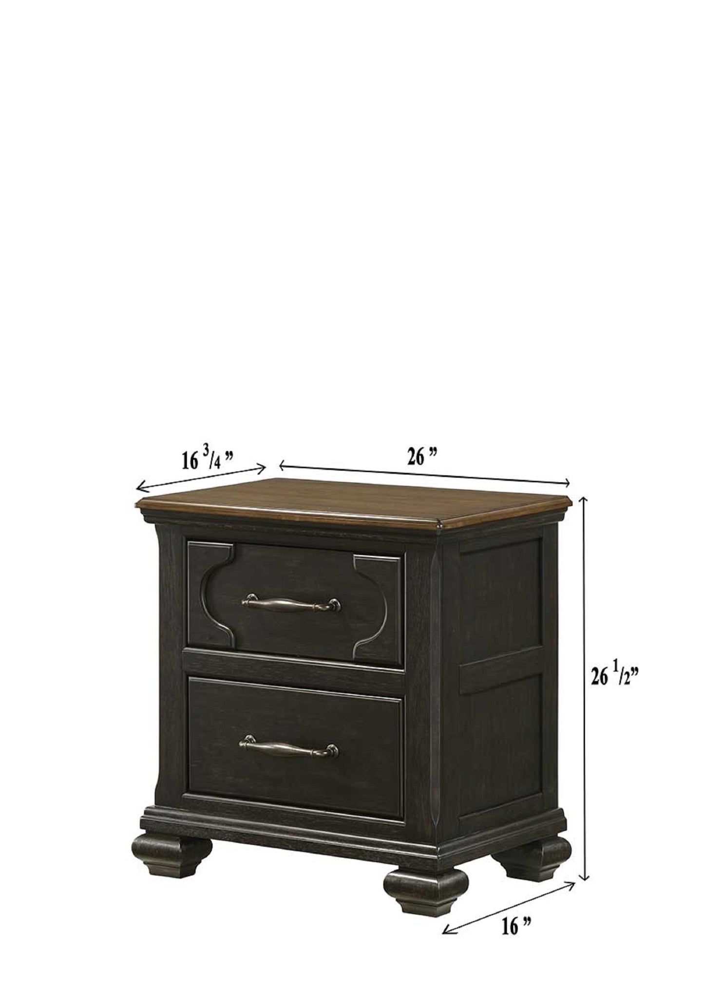 Dark wood twodrawer nightstand with ornate drawer fronts and brushed nickel pulls