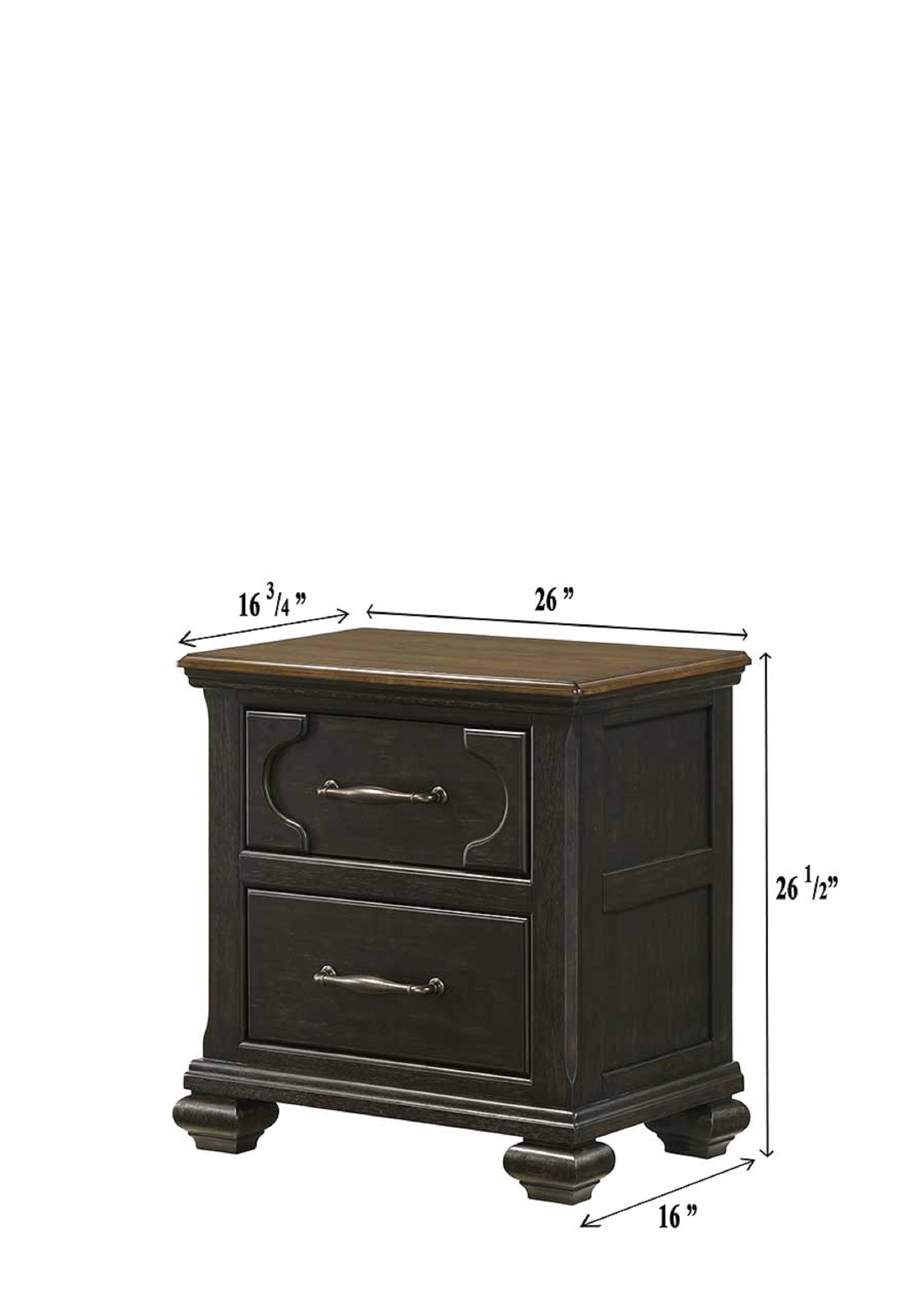 Dark wood twodrawer nightstand with ornate drawer fronts and brushed nickel pulls