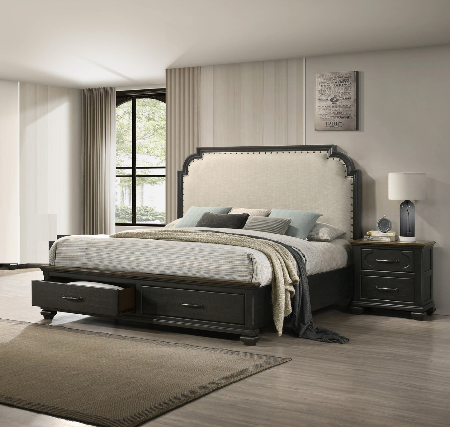 Dark wood storage bed frame with upholstered neutral headboard and pullout drawers