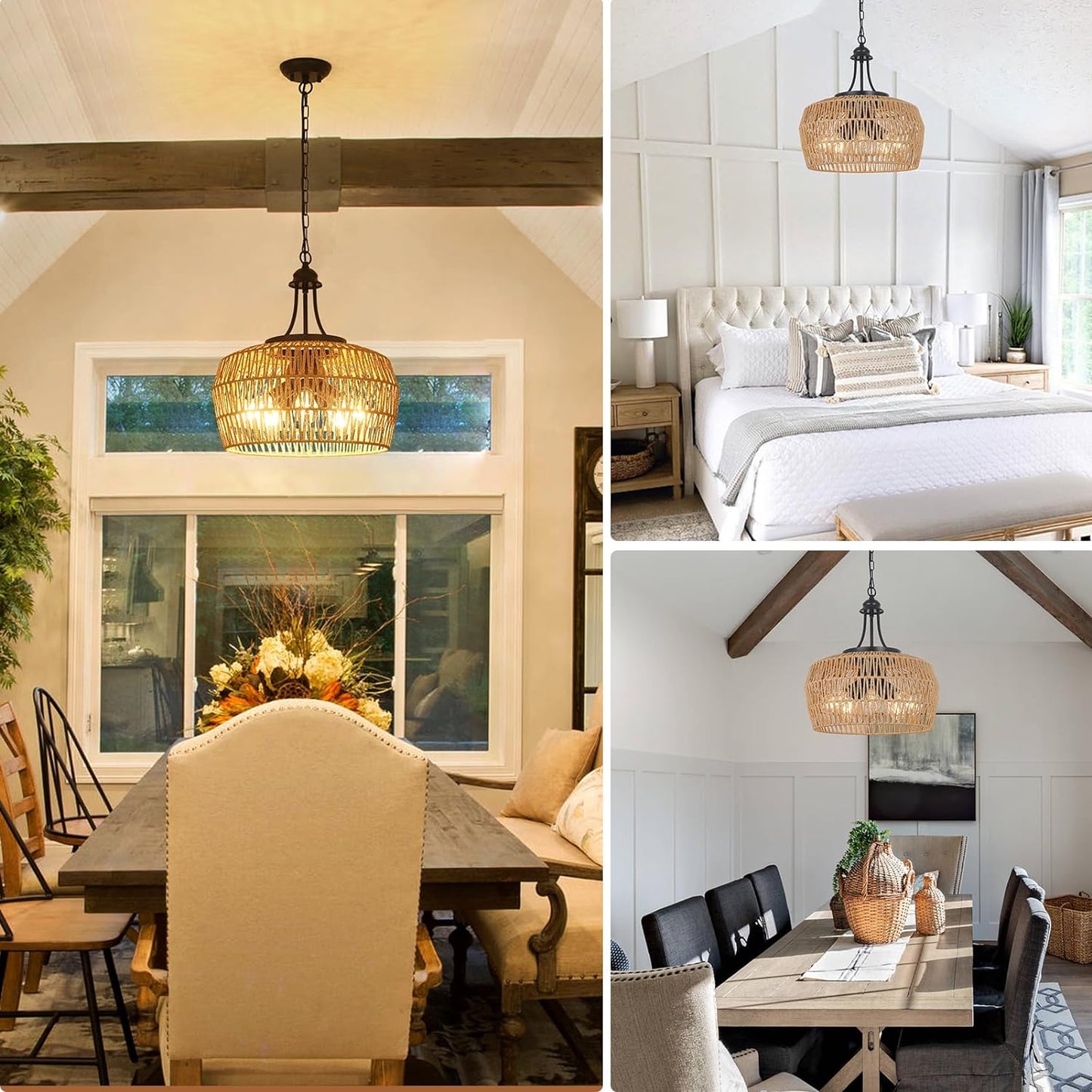 Woven rattan pendant light with farmhouse charm perfect for dining rooms