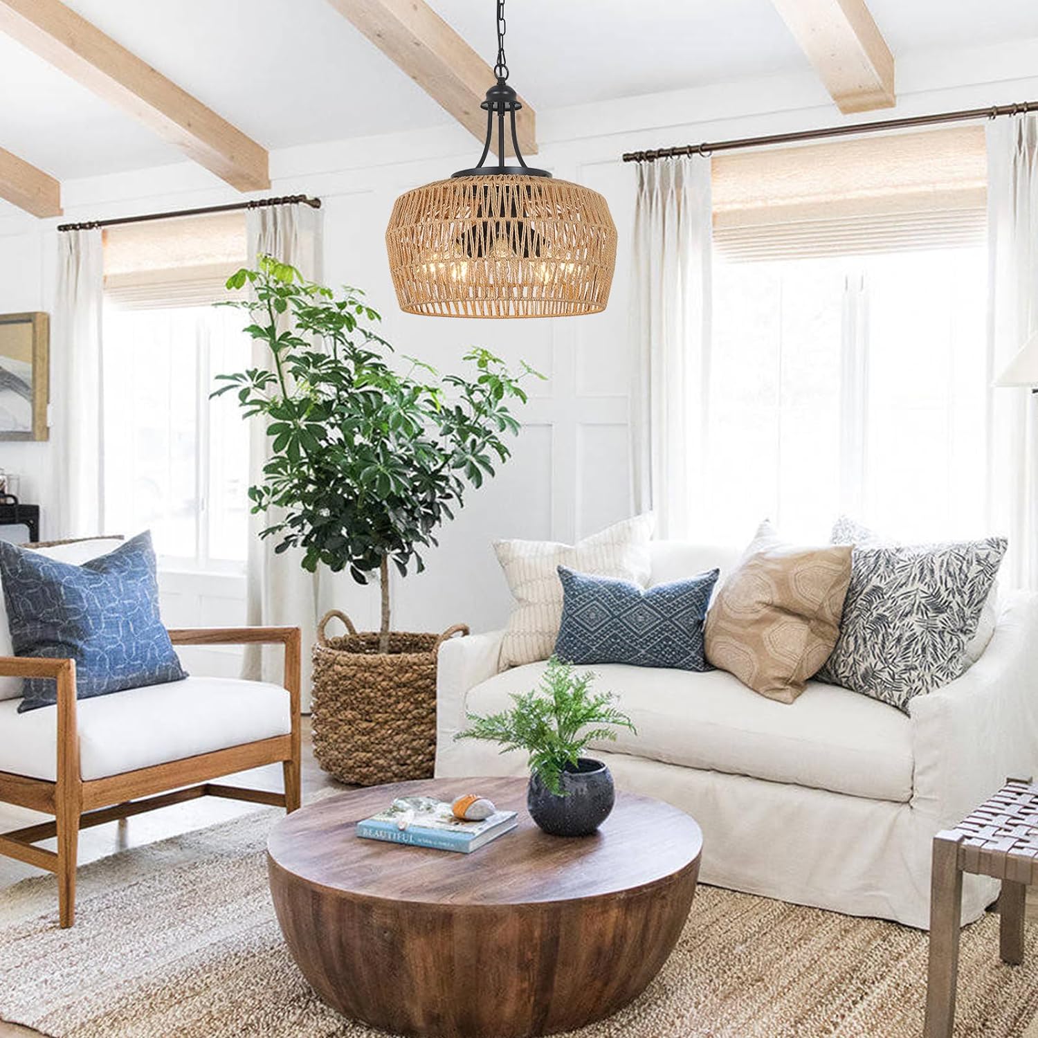 Woven pendant light with natural jute shade illuminating a living room