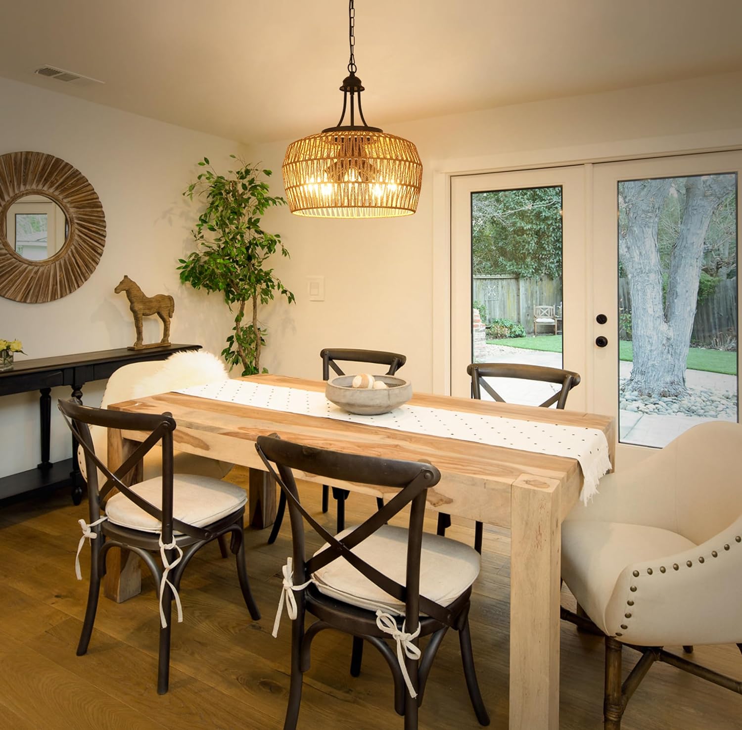 Natural woven pendant light with rattan shade casting warm ambient light in dining room