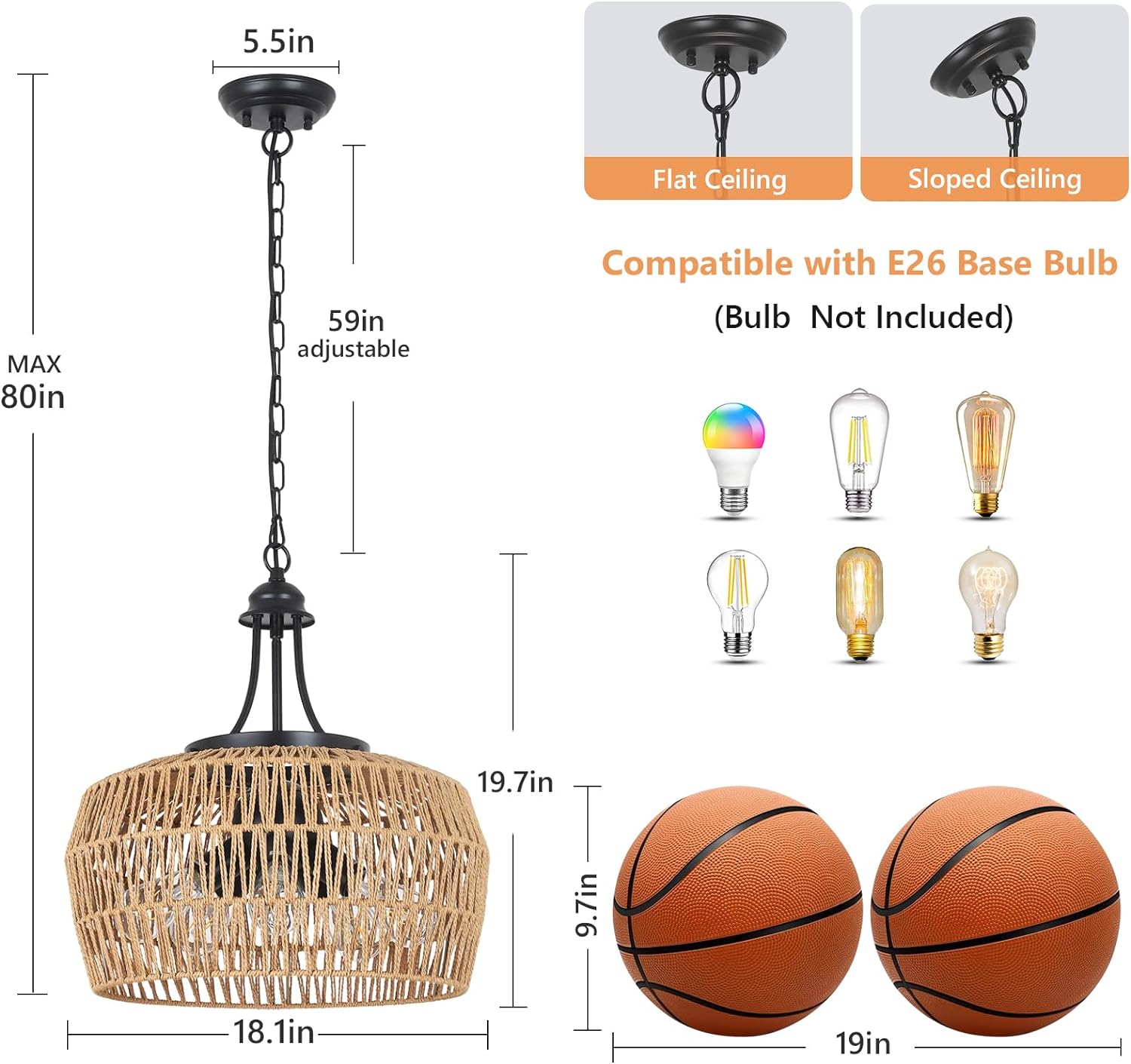 Natural woven pendant light with adjustable chain perfect for rustic dining rooms