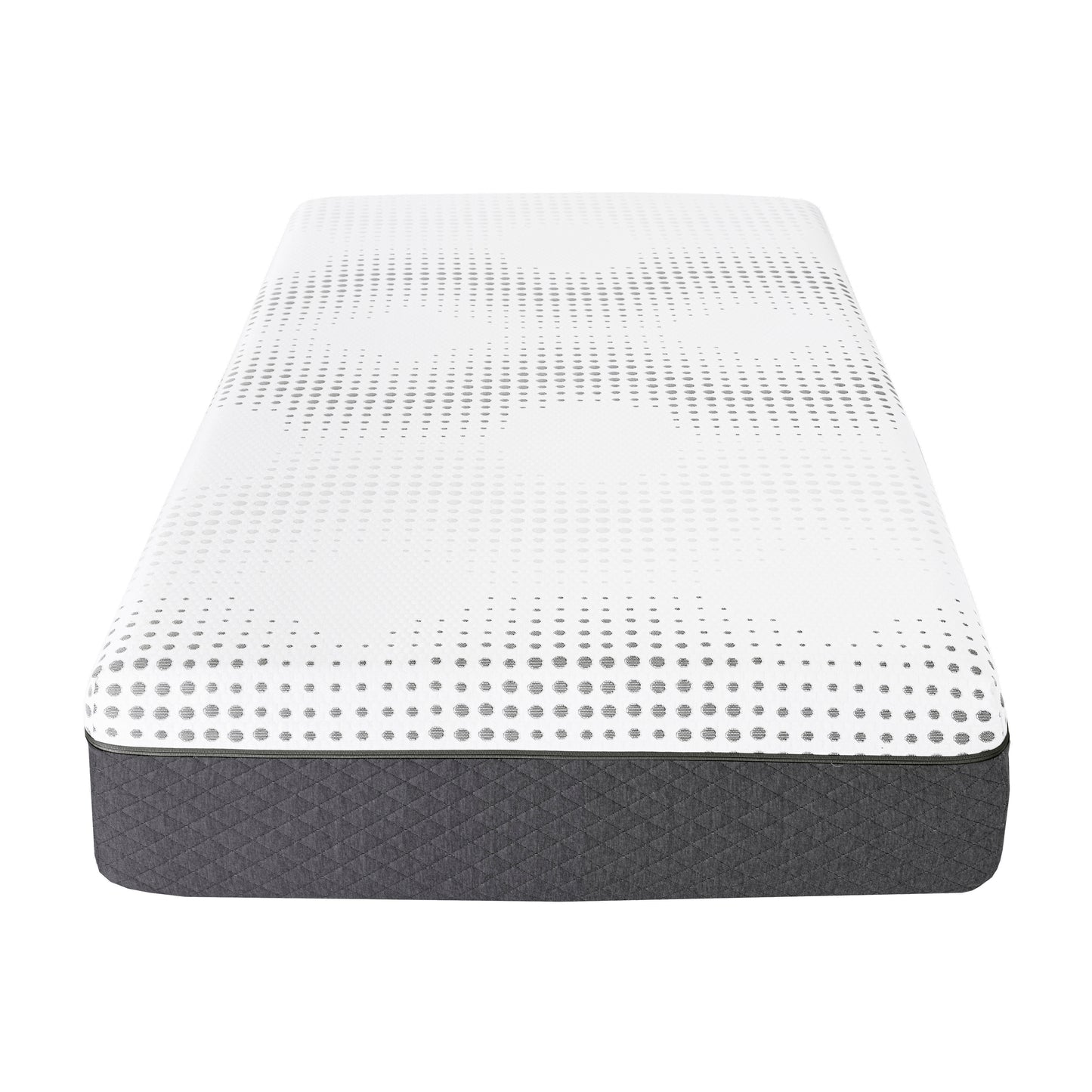 White full size mattress with grey diamond quilted sides and a dotted pattern top