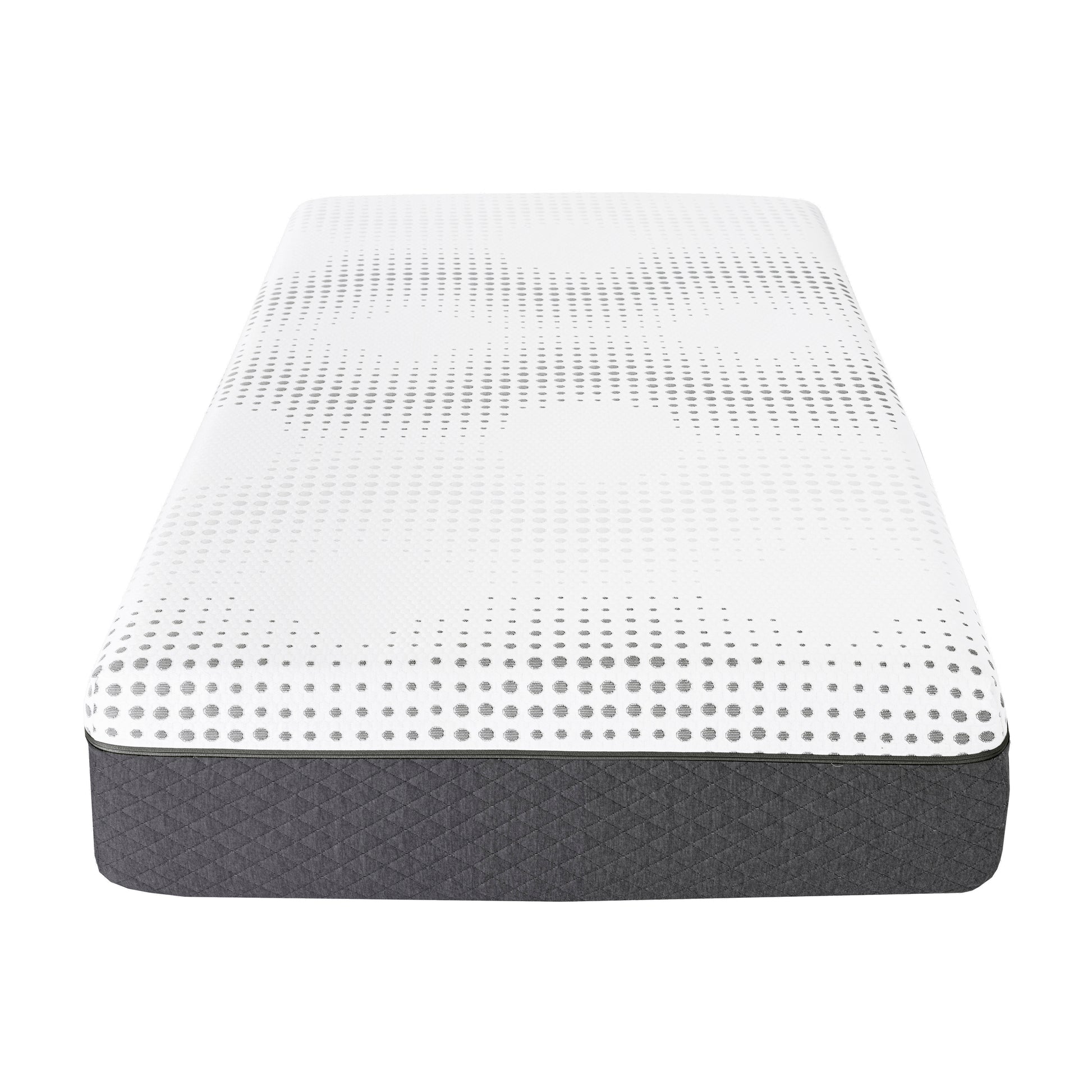 White full size mattress with grey diamond quilted sides and a dotted pattern top