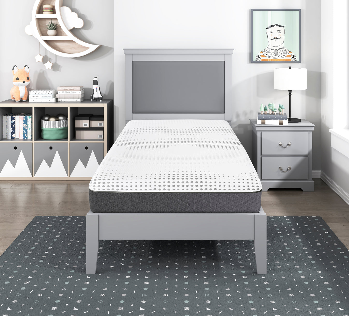 White and gray queen mattress with a dotted pattern on a gray bed frame