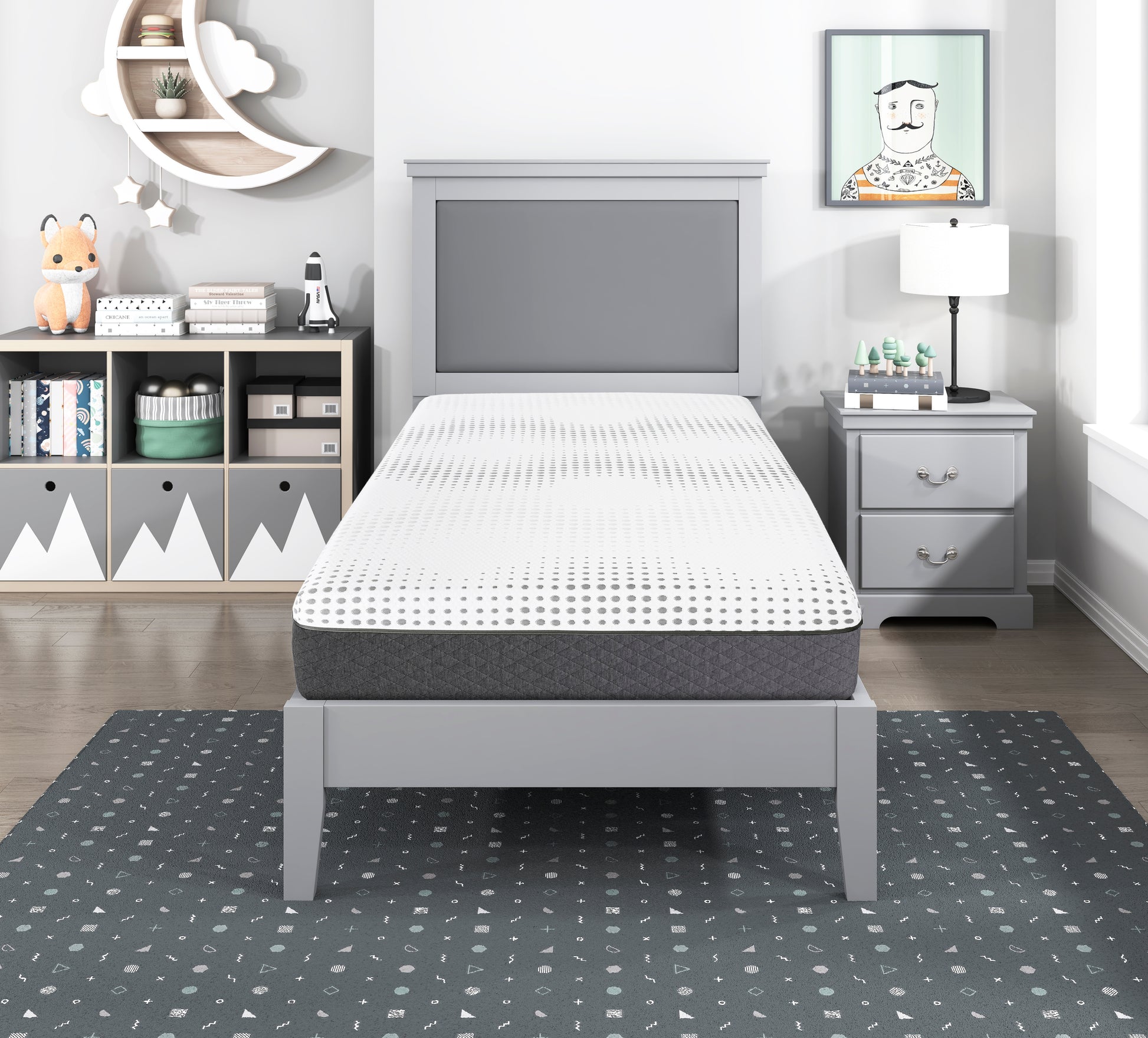 White and gray queen mattress with a dotted pattern on a gray bed frame