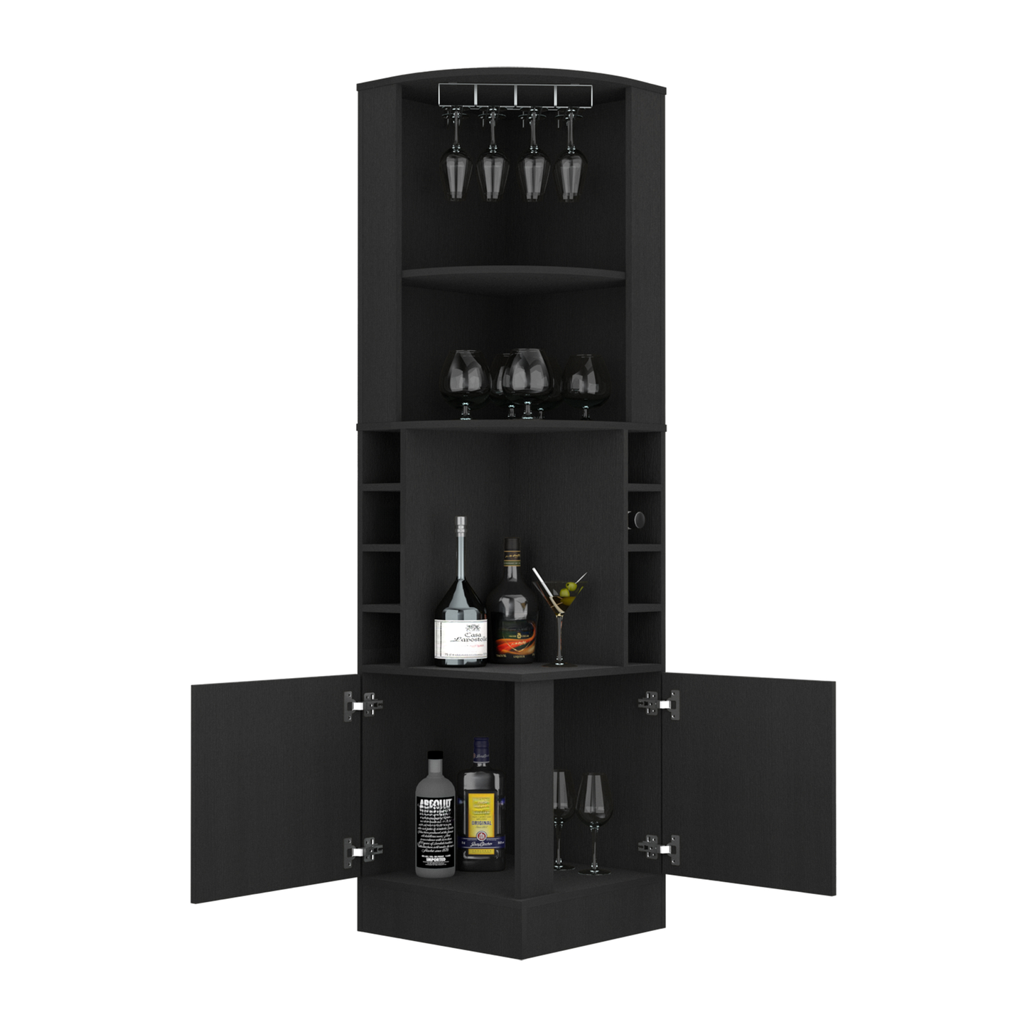 Black corner bar cabinet with wine glasses liquor bottles and cocktail