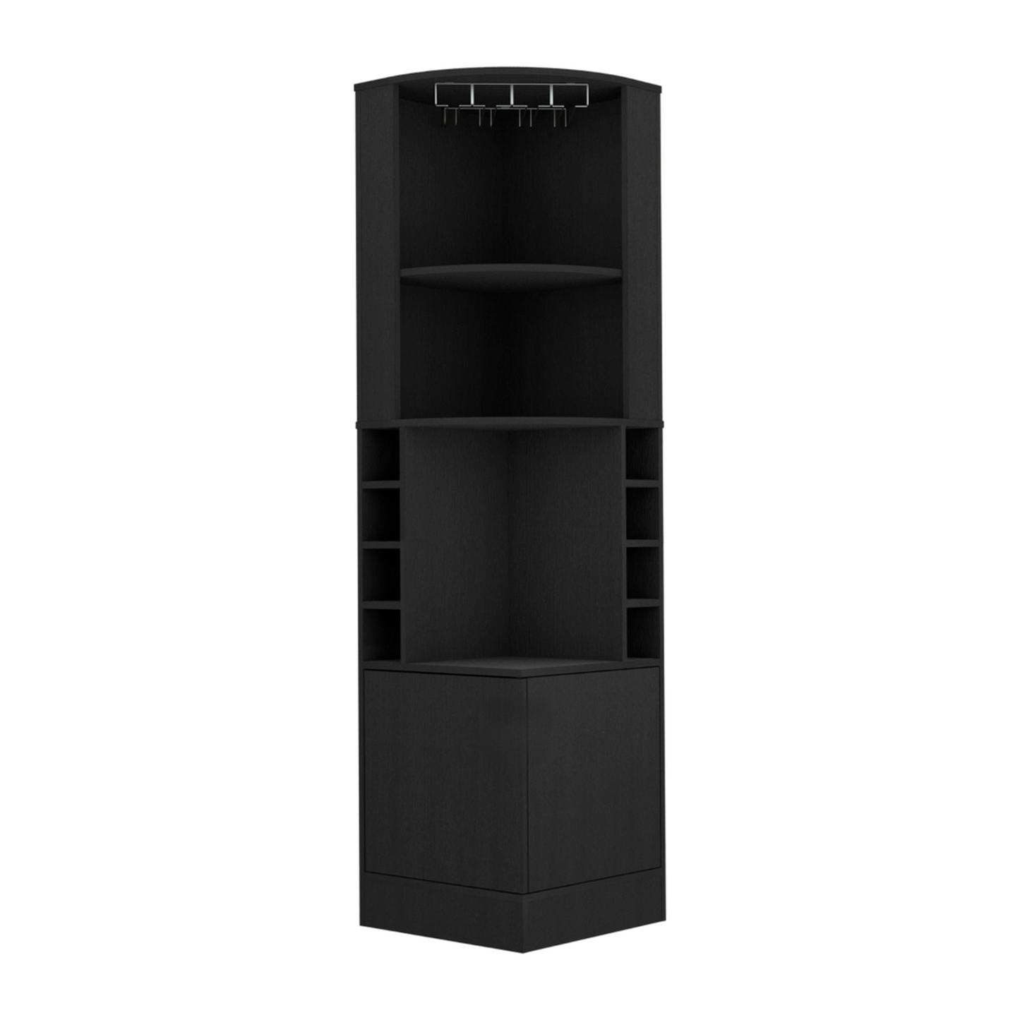 Black corner bar cabinet with wine rack glass holders and storage