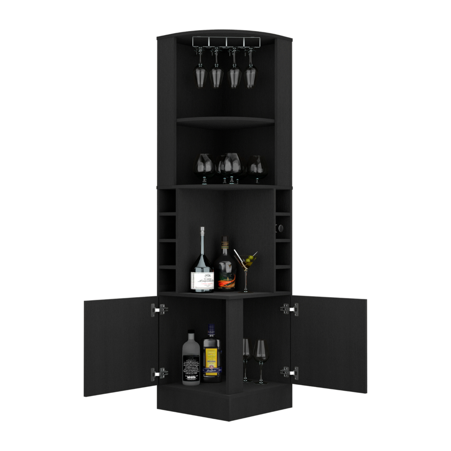 Black corner bar cabinet with wine glass rack and bottle storage