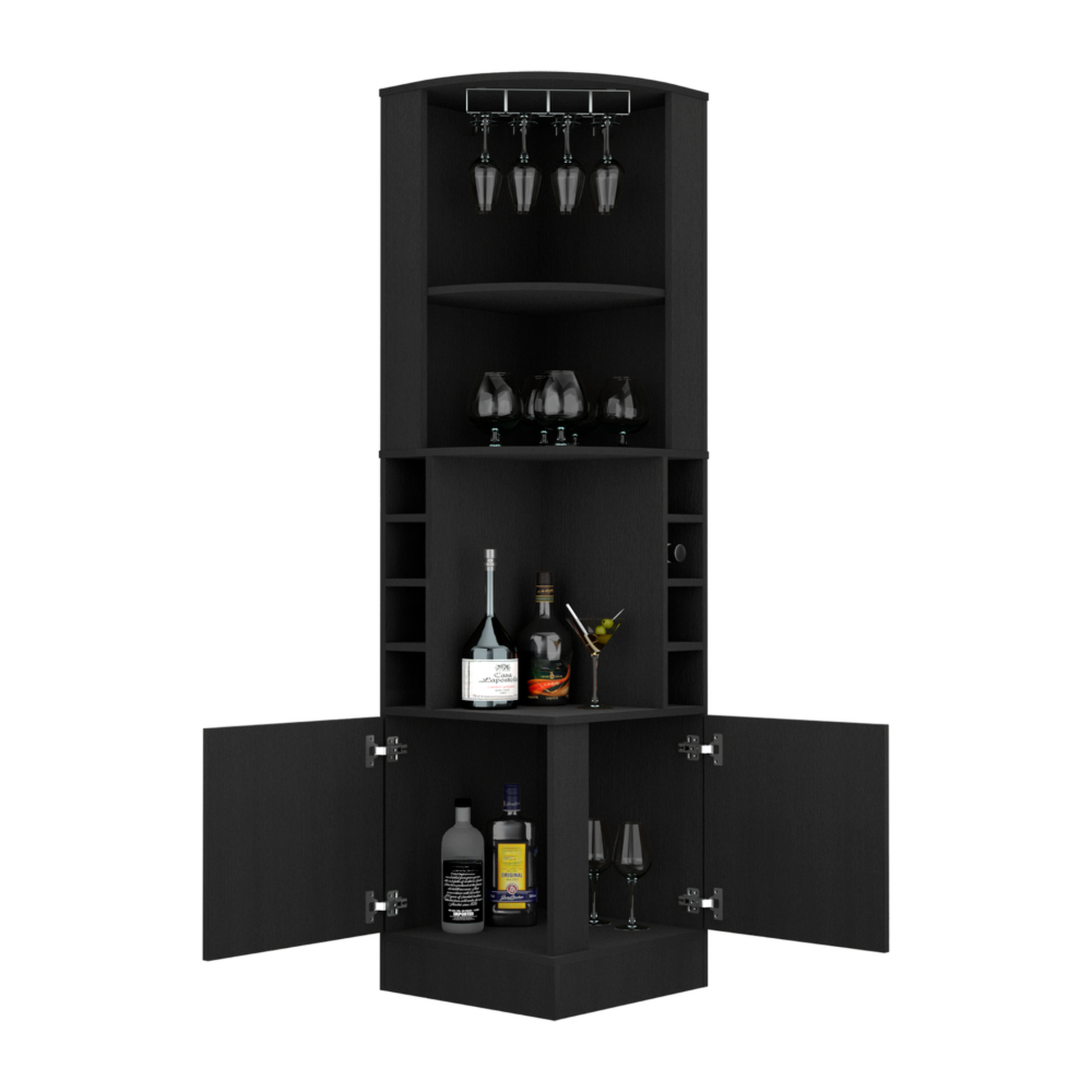 Black corner bar cabinet with wine glass rack and bottle storage