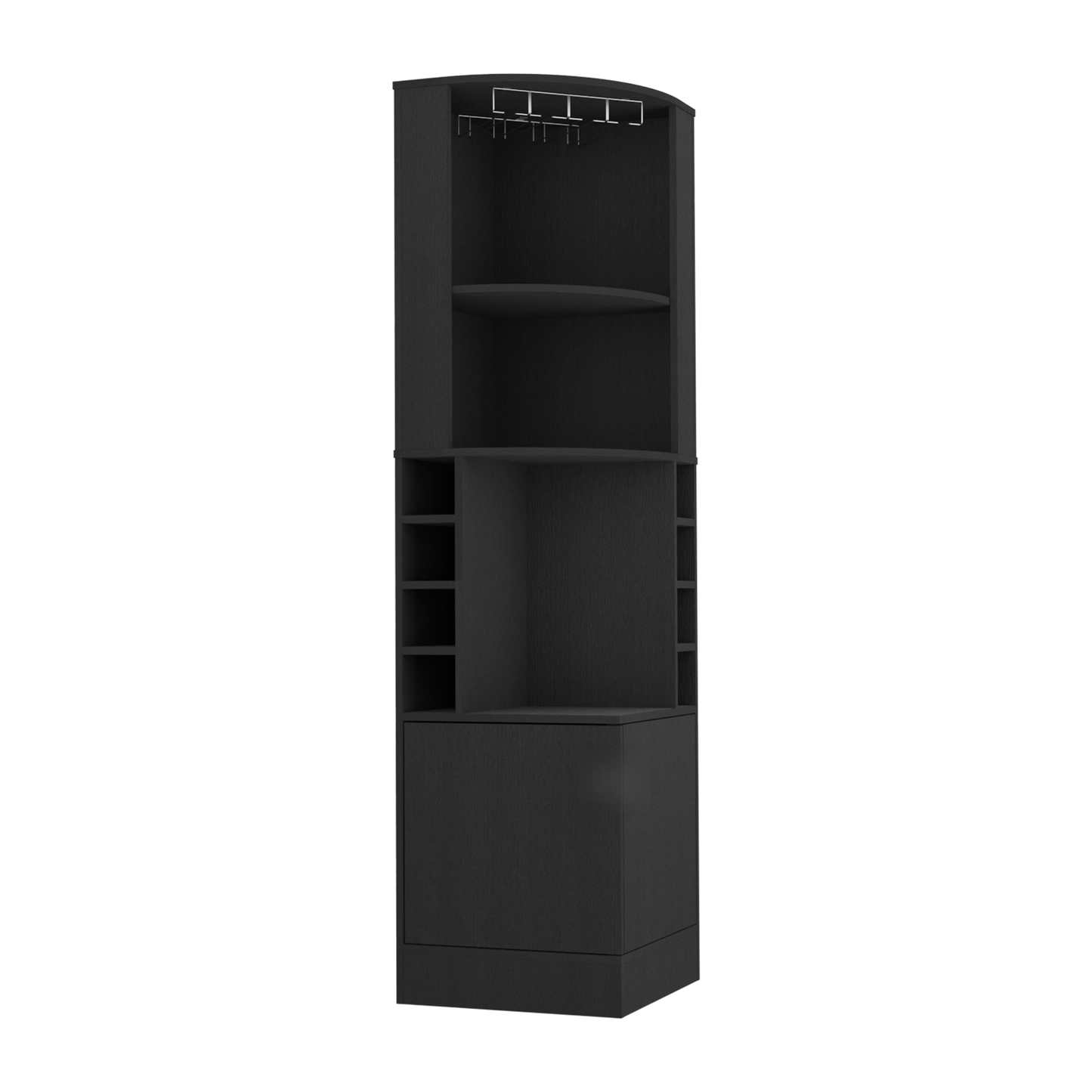 Black corner bar cabinet with stemware rack and wine bottle shelves