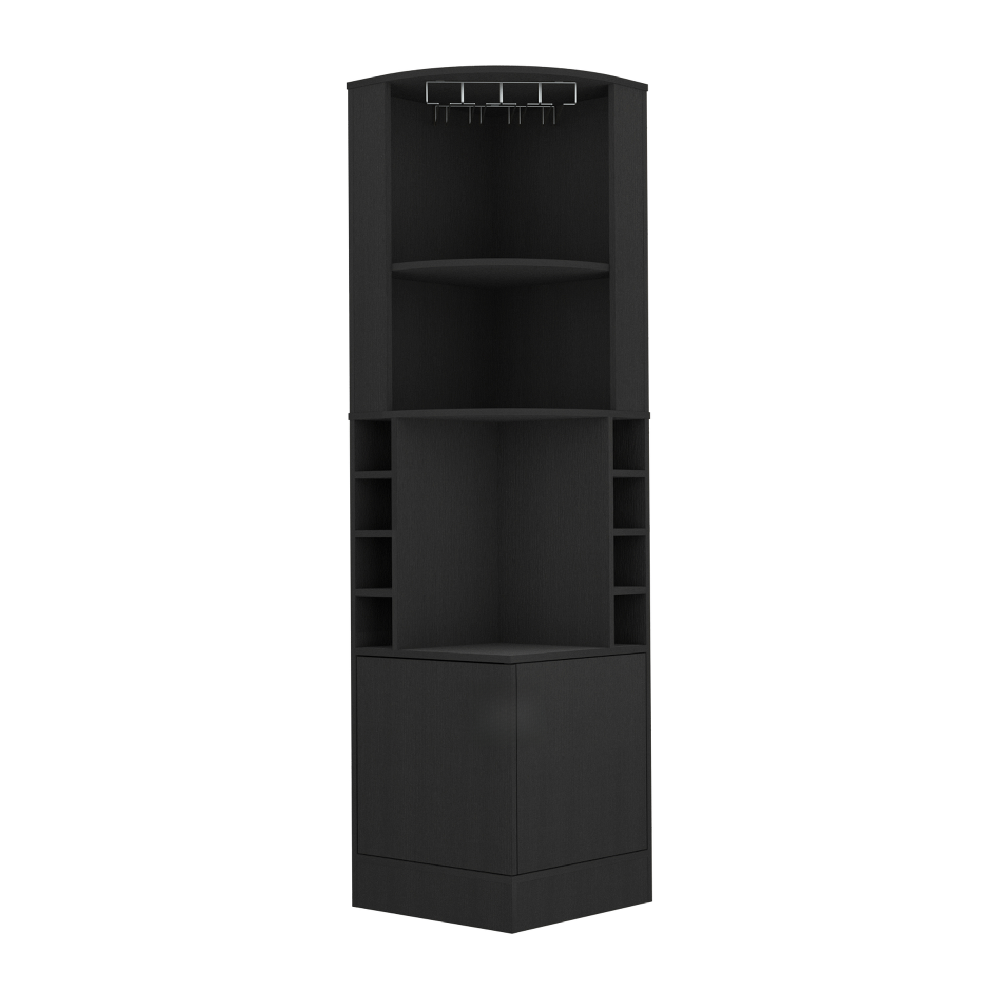Black tall corner cabinet with wine bottle racks and glass holder