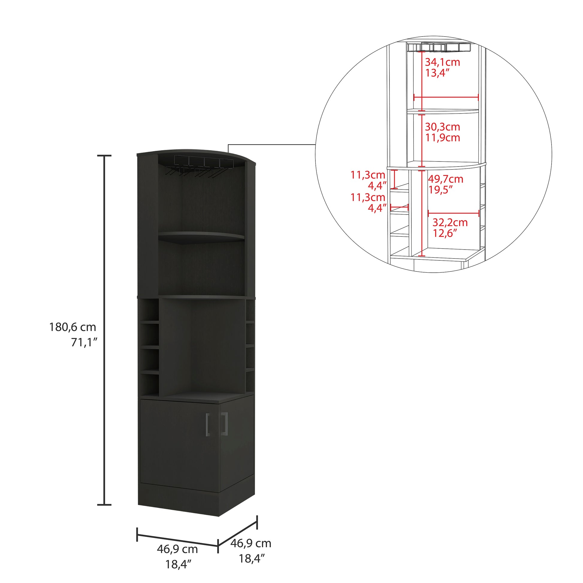 Tall dark corner bar cabinet with wine glass rack and shelving for storage