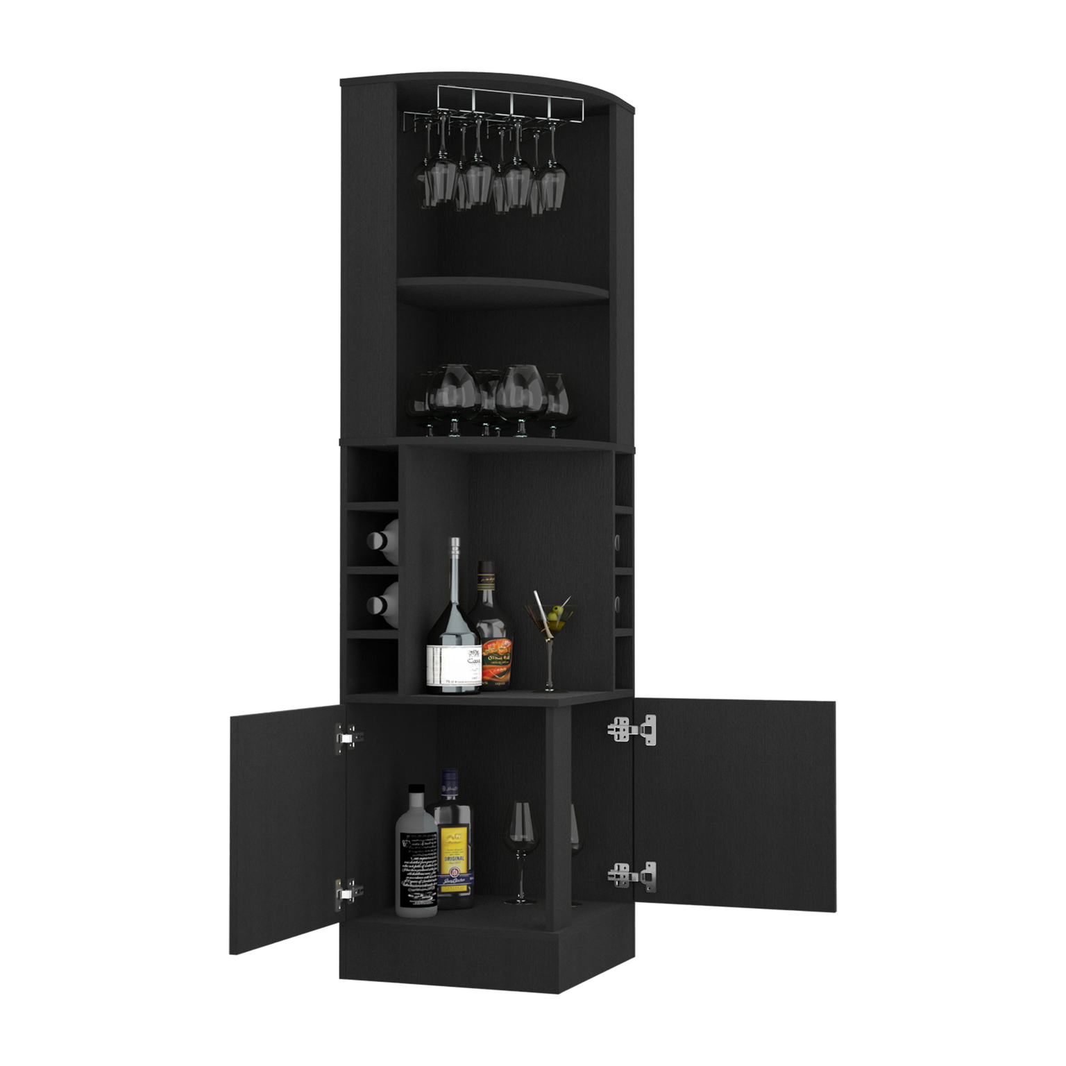 Black corner bar cabinet with wine rack and glass holder