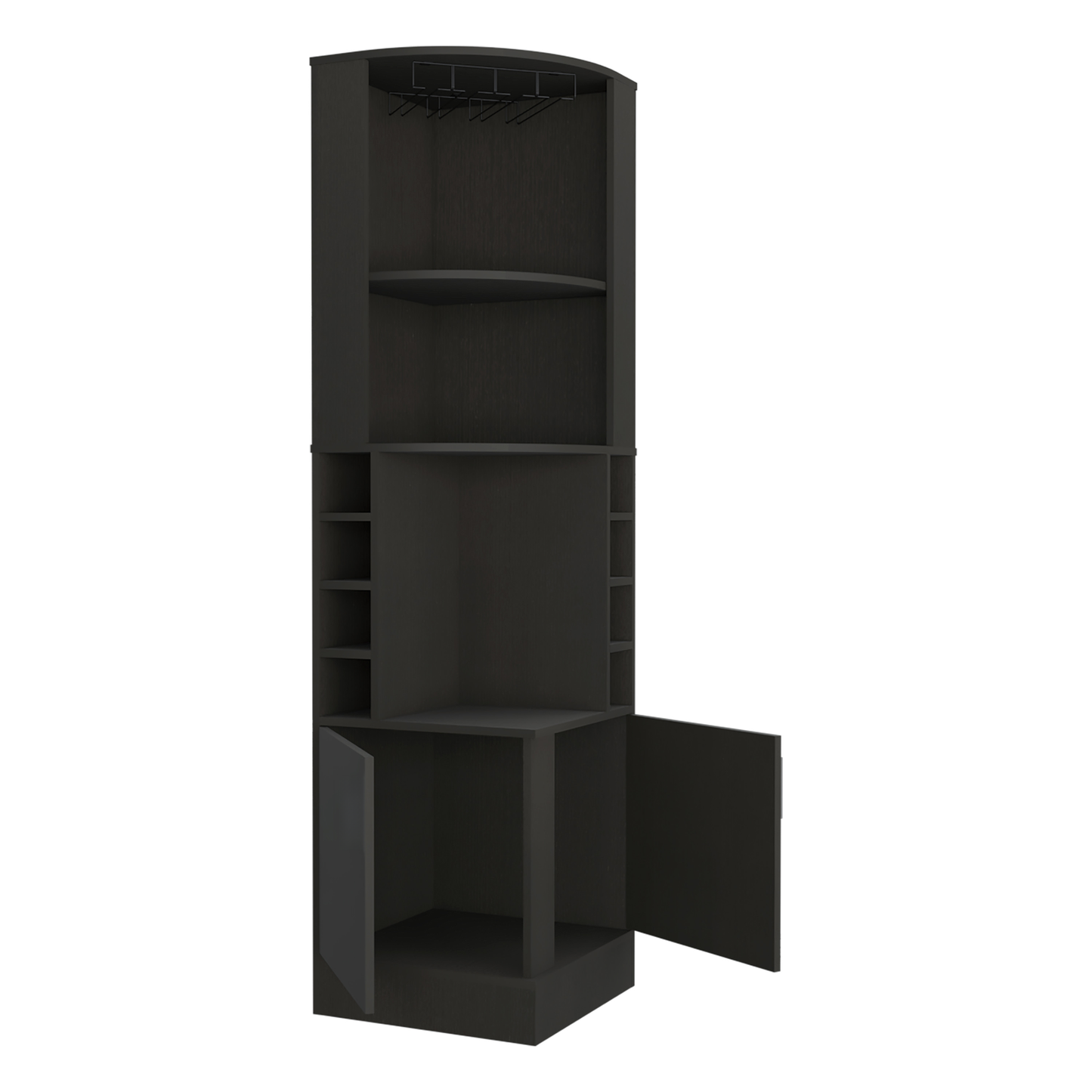 Dark wood corner bar cabinet with wine glass rack open doors and bottle shelves