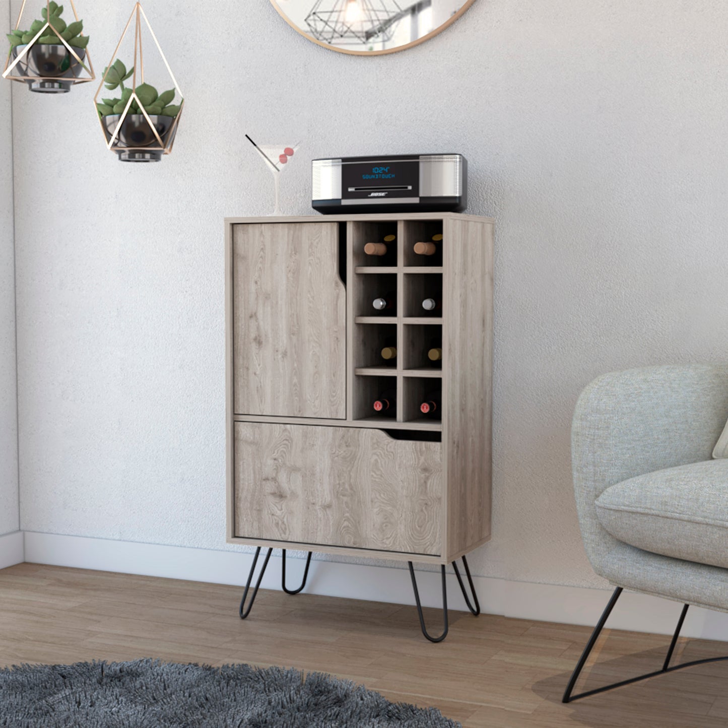 Modern gray wood wine cabinet with metal hairpin legs for home bar storage