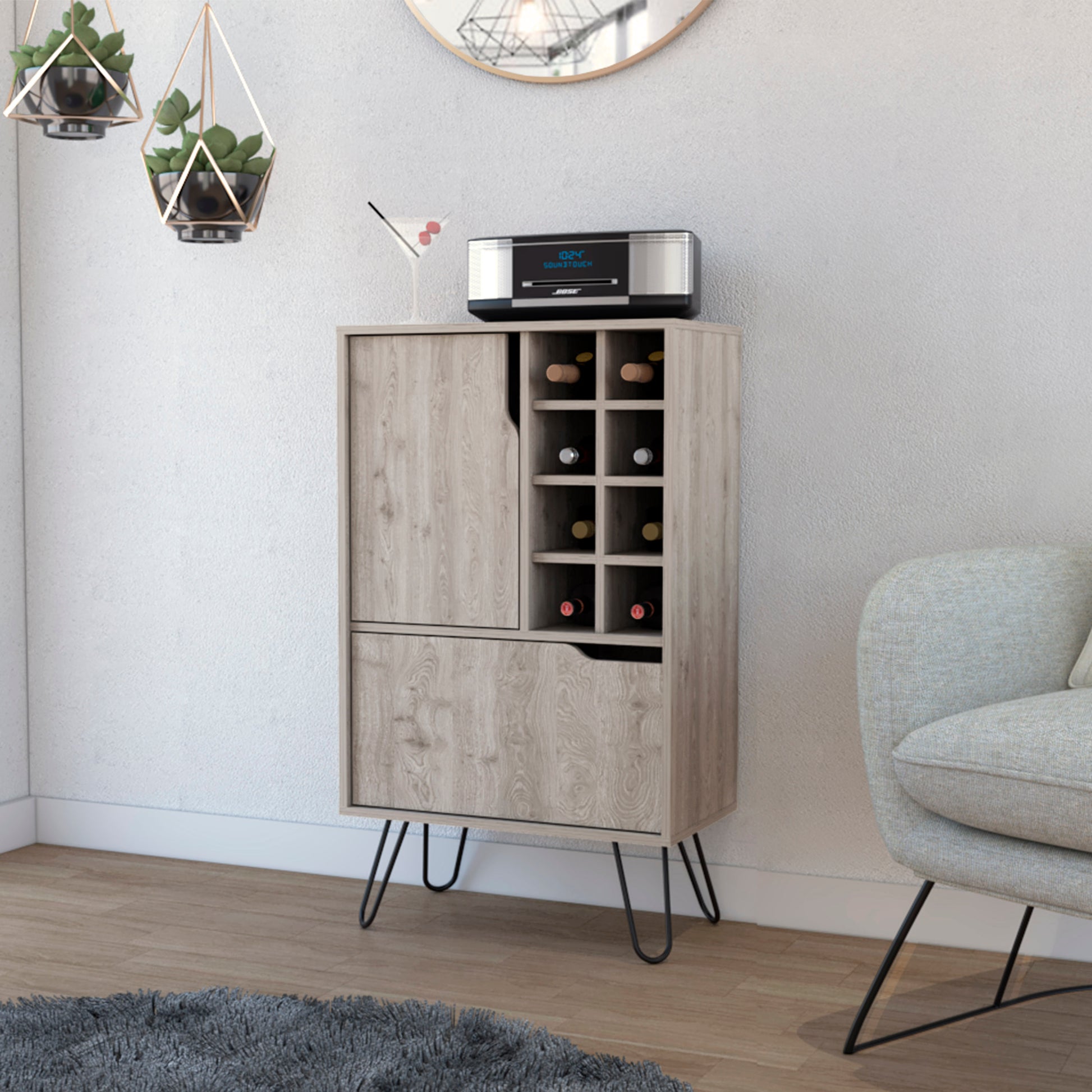 Modern gray wood wine cabinet with metal hairpin legs for home bar storage