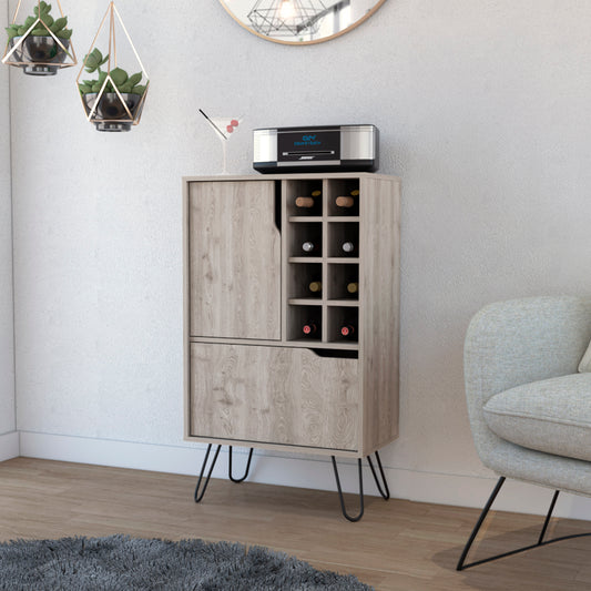 Modern gray wood wine cabinet with metal hairpin legs for home bar storage