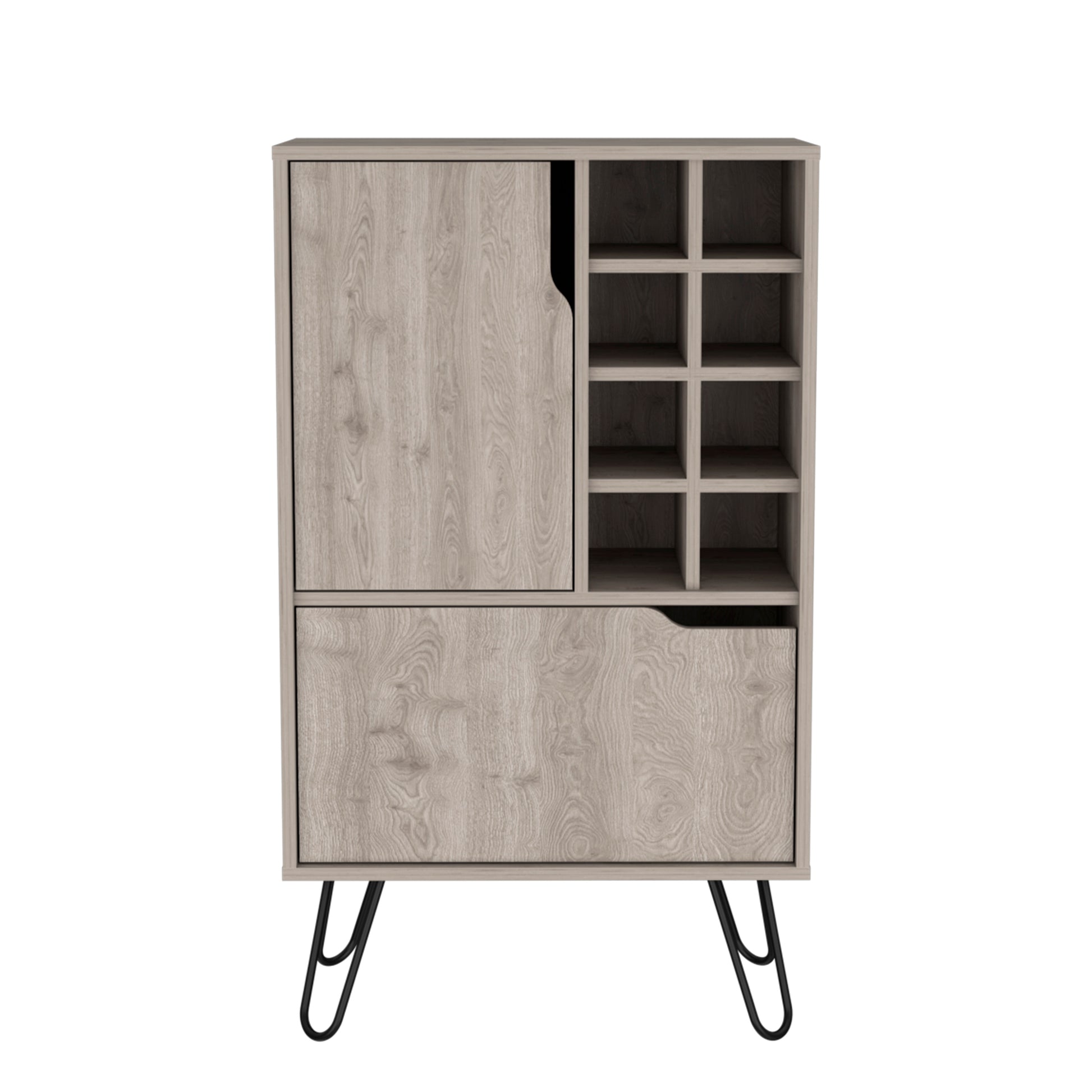 Grey wood bar cabinet with open shelves and a closed door section