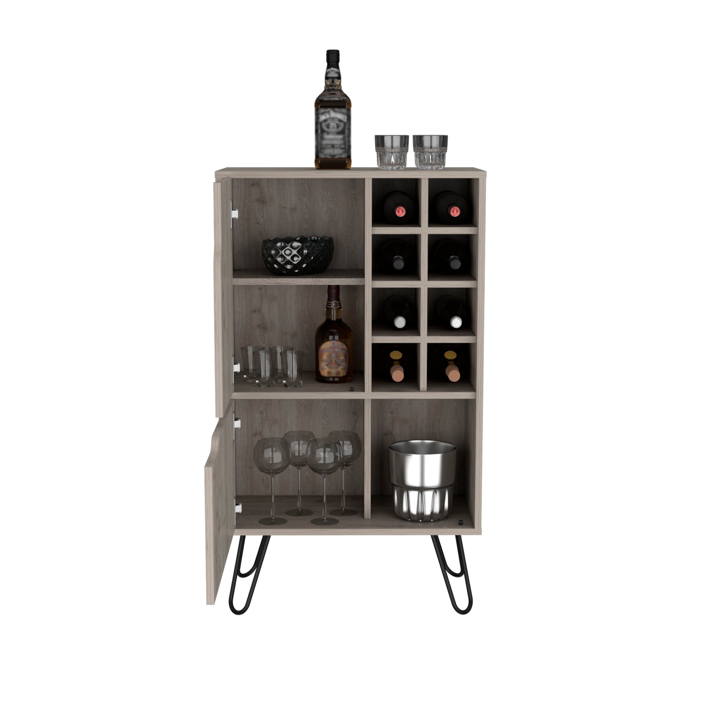 Modern grey wood bar cabinet with  bottle wine rack and glass storage