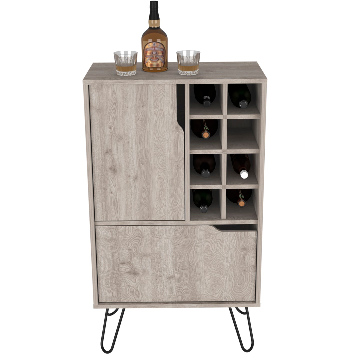 Rustic oak bar cabinet with wine rack two glasses and a whiskey bottle