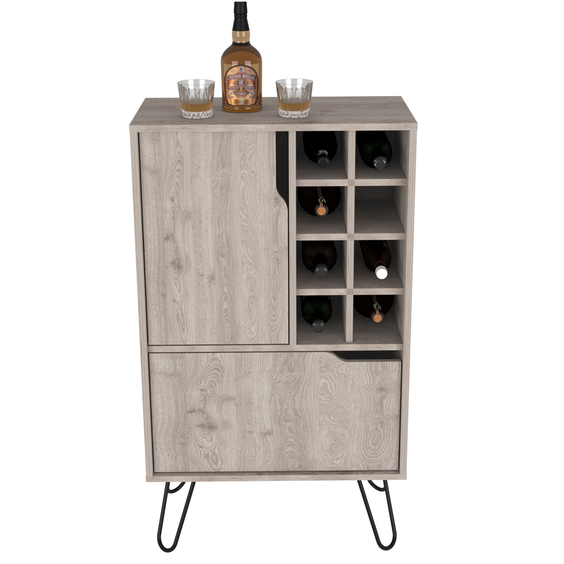Rustic oak bar cabinet with wine rack two glasses and a whiskey bottle