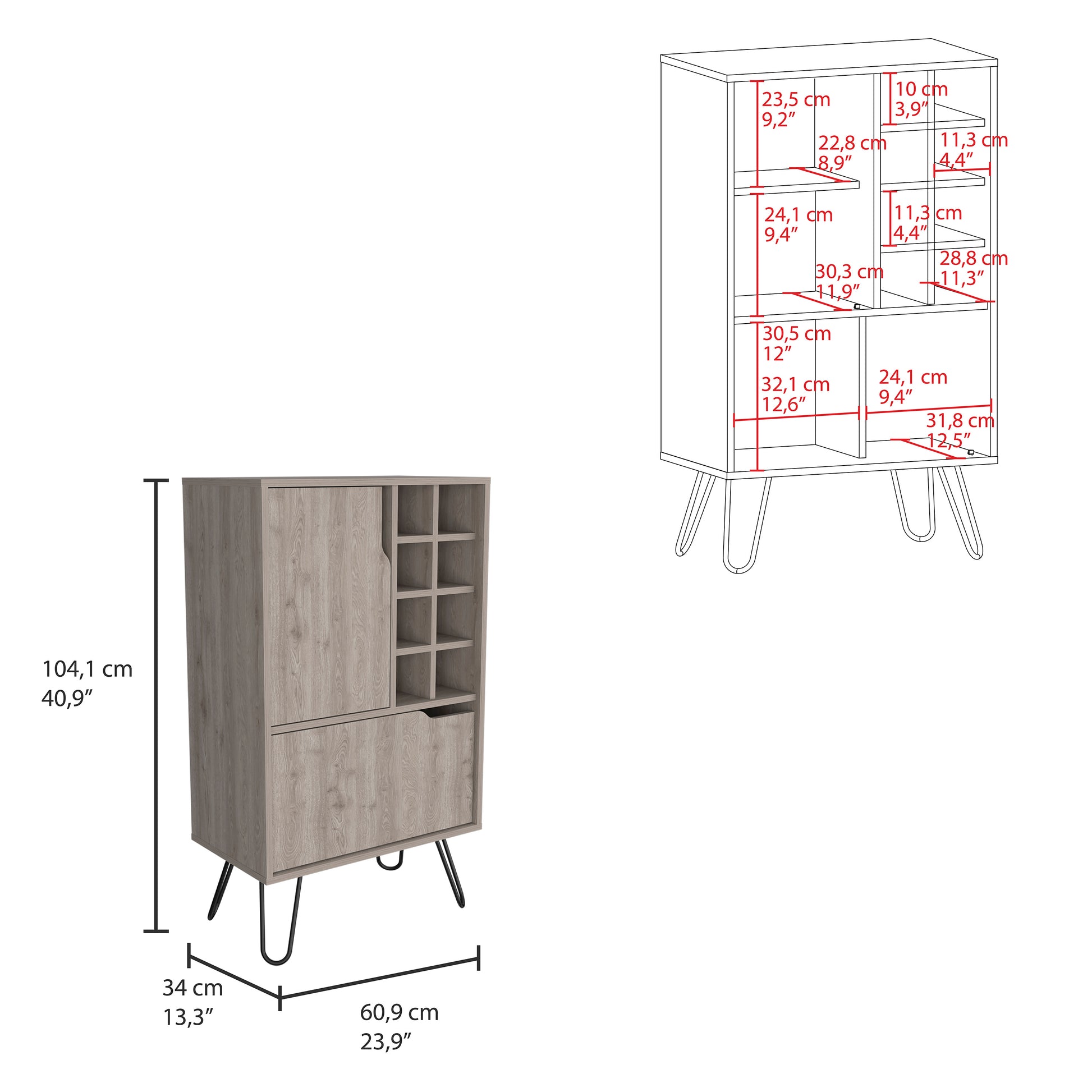 Midcentury modern wine cabinet in gray wood finish with hairpin legs and multiple compartments