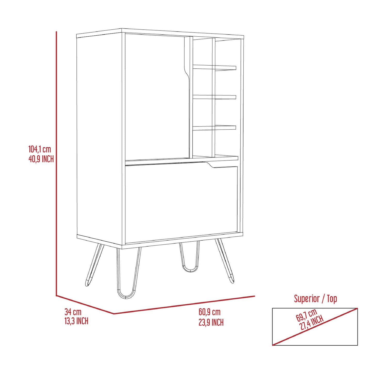 Line drawing of a modern cabinet with metal hairpin legs featuring one drawer and open shelving