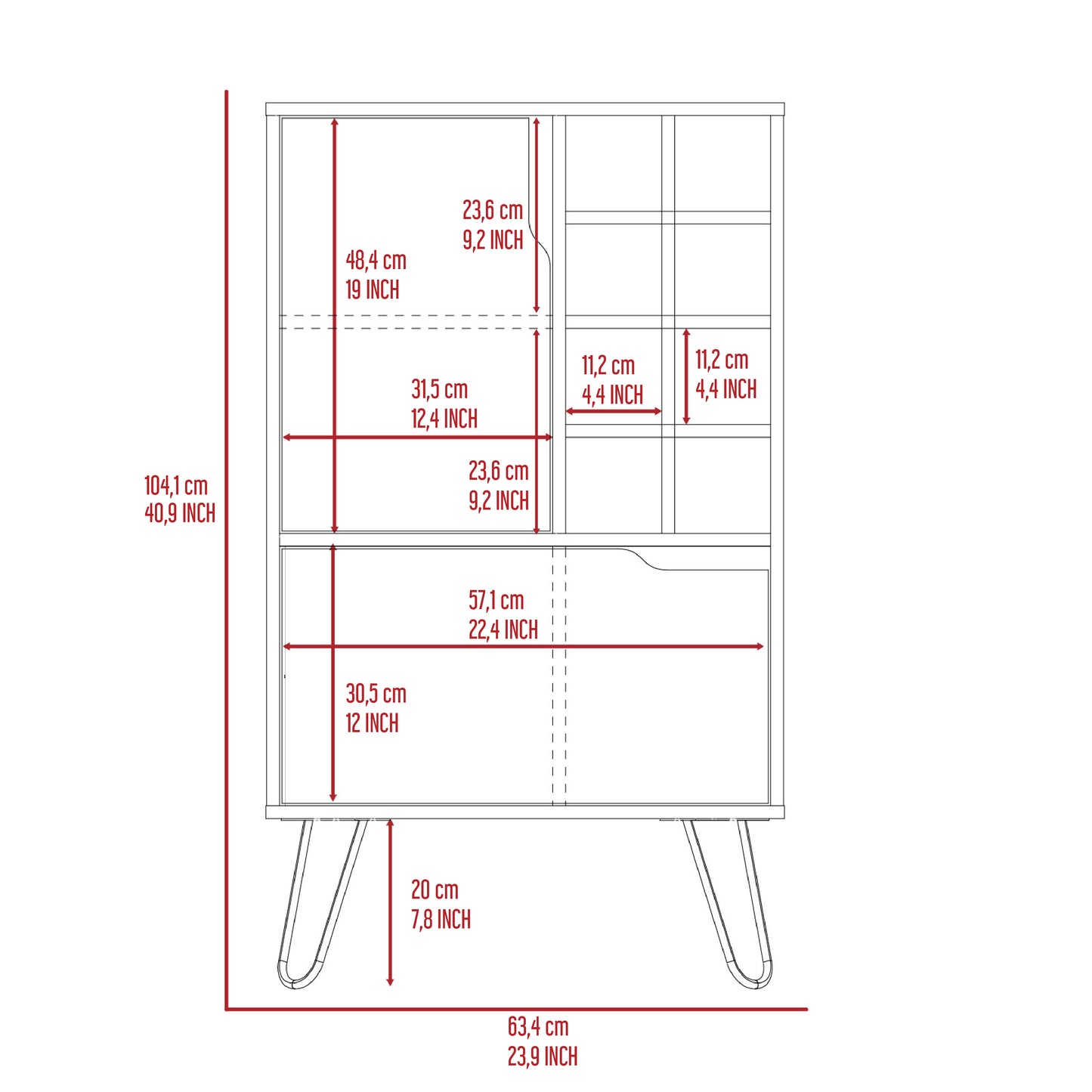 Line drawing of a hutch with dimensions indicated total height  cm width  cm