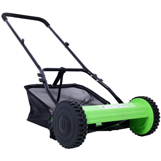 Green reel mower with grass catcher bag and black padded handle for easy lawn care